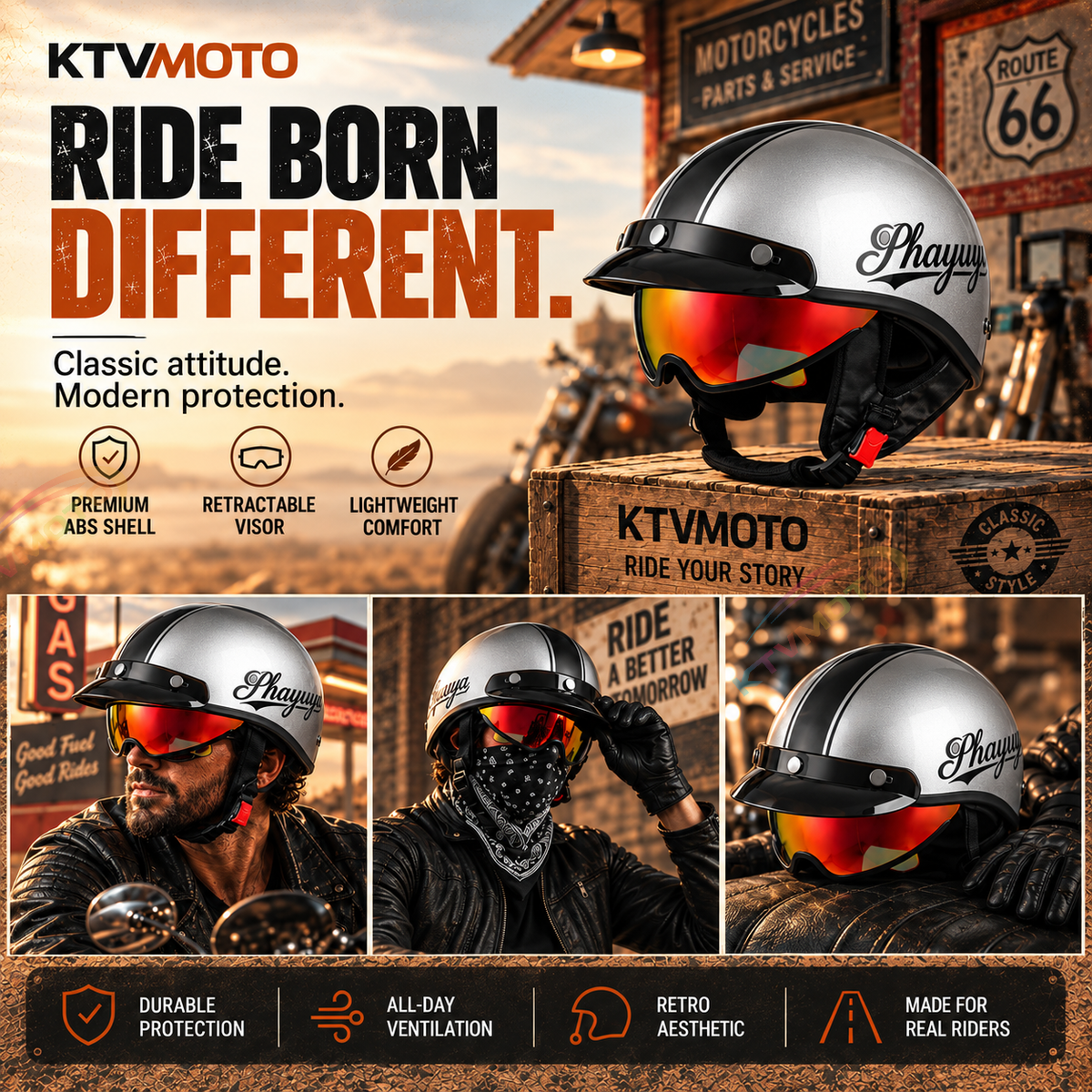 KTVMOTO Retro motorcycle half-helmet summer scooter cruise-I264