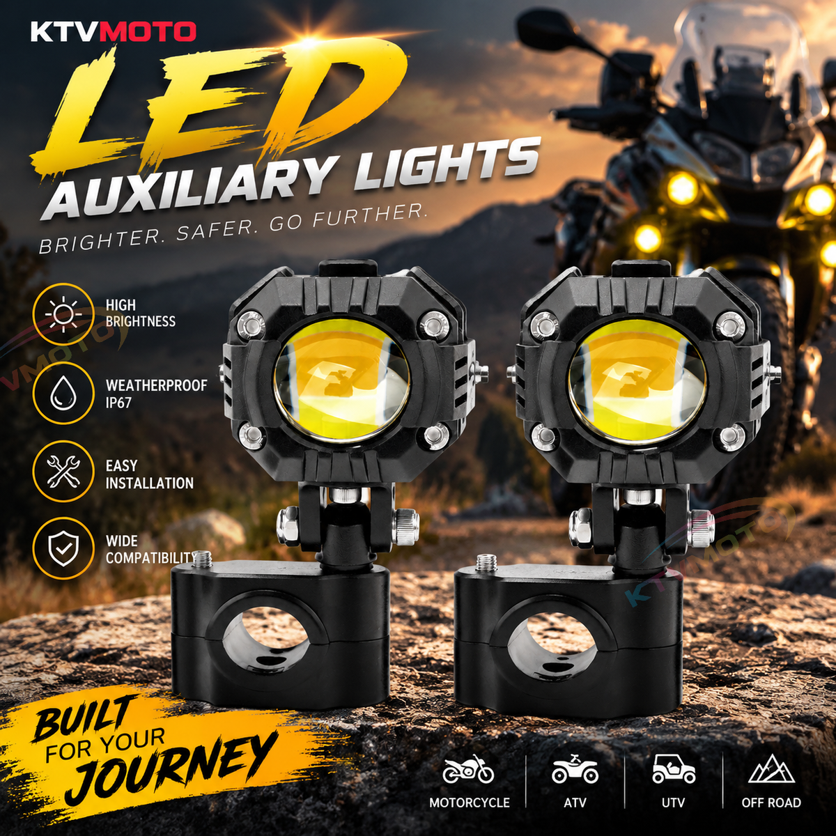KTVMOTO Motorcycle LED Fog Lights with Yellow Beam & Adjustable Mount-D36