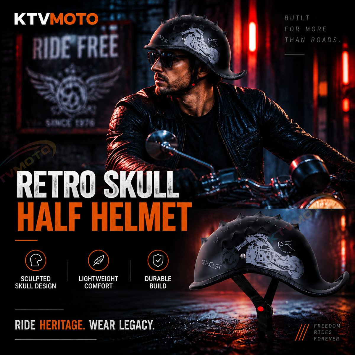 KTVMOTO Vintage Motorcycle Half Helmet with Mohawk Design for Riders-I276