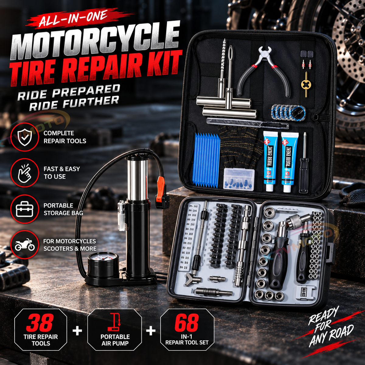 KTVMOTO Motorcycle Touring Tire Repair Kit for Emergency Repairs-MT02
