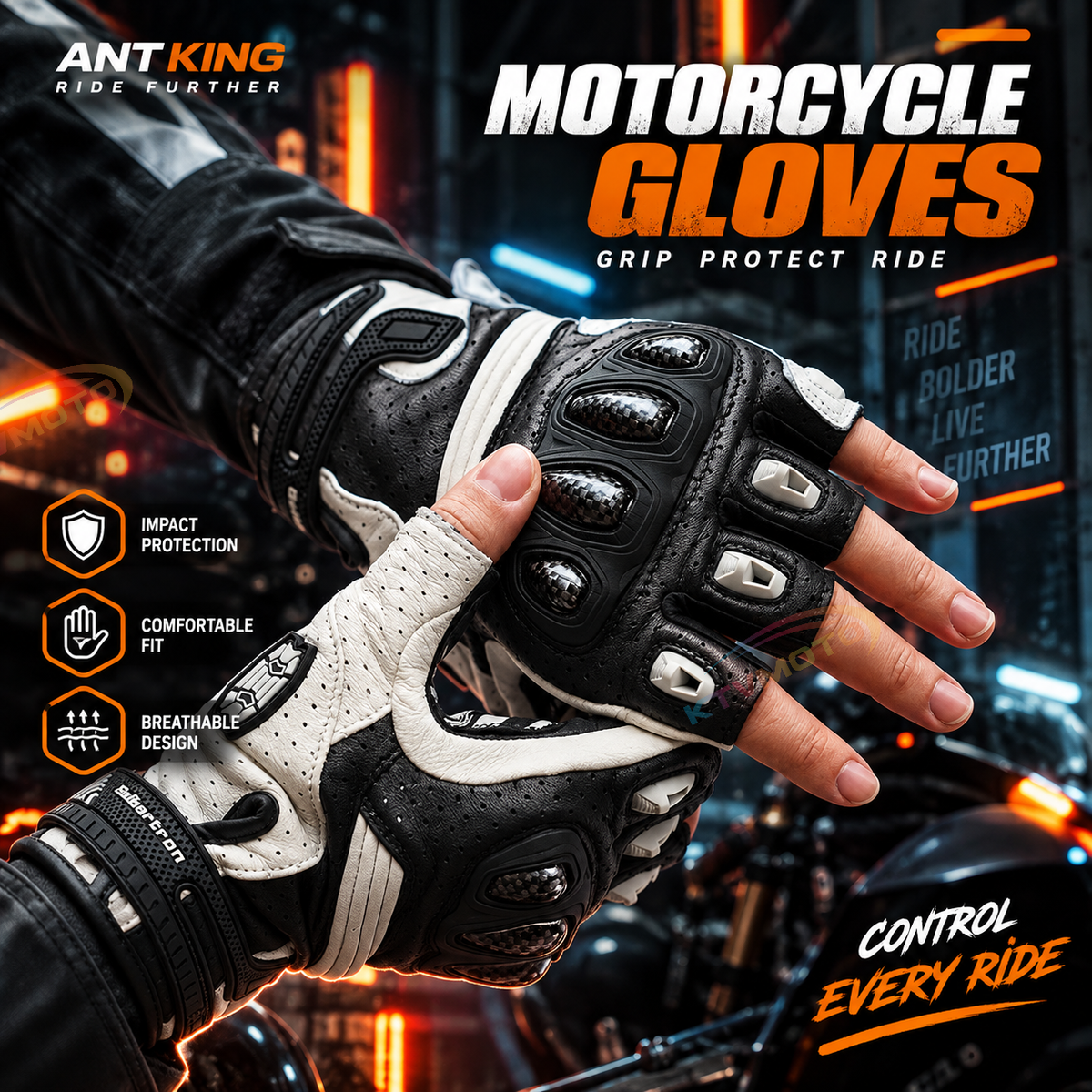 KTVMOTO Motorcycle Carbon Fiber and Leather Fingerless Gloves-G45