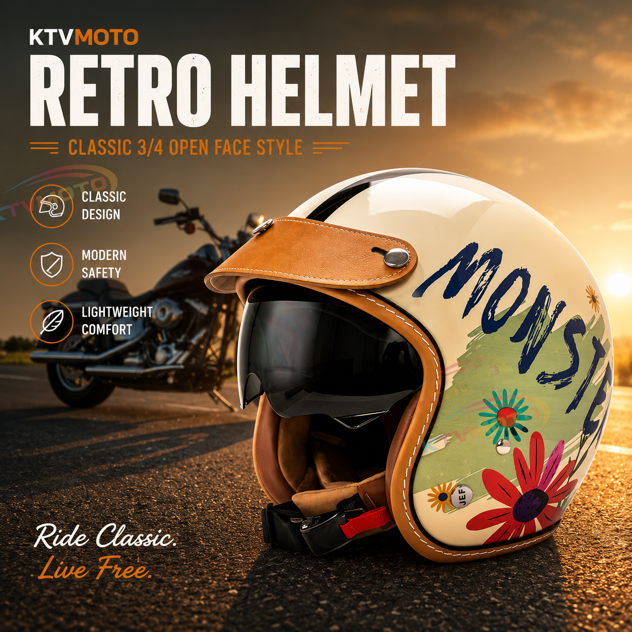 KTVMOTO Retro 3/4 Open Face Motorcycle Helmet with Sun Visor-I54