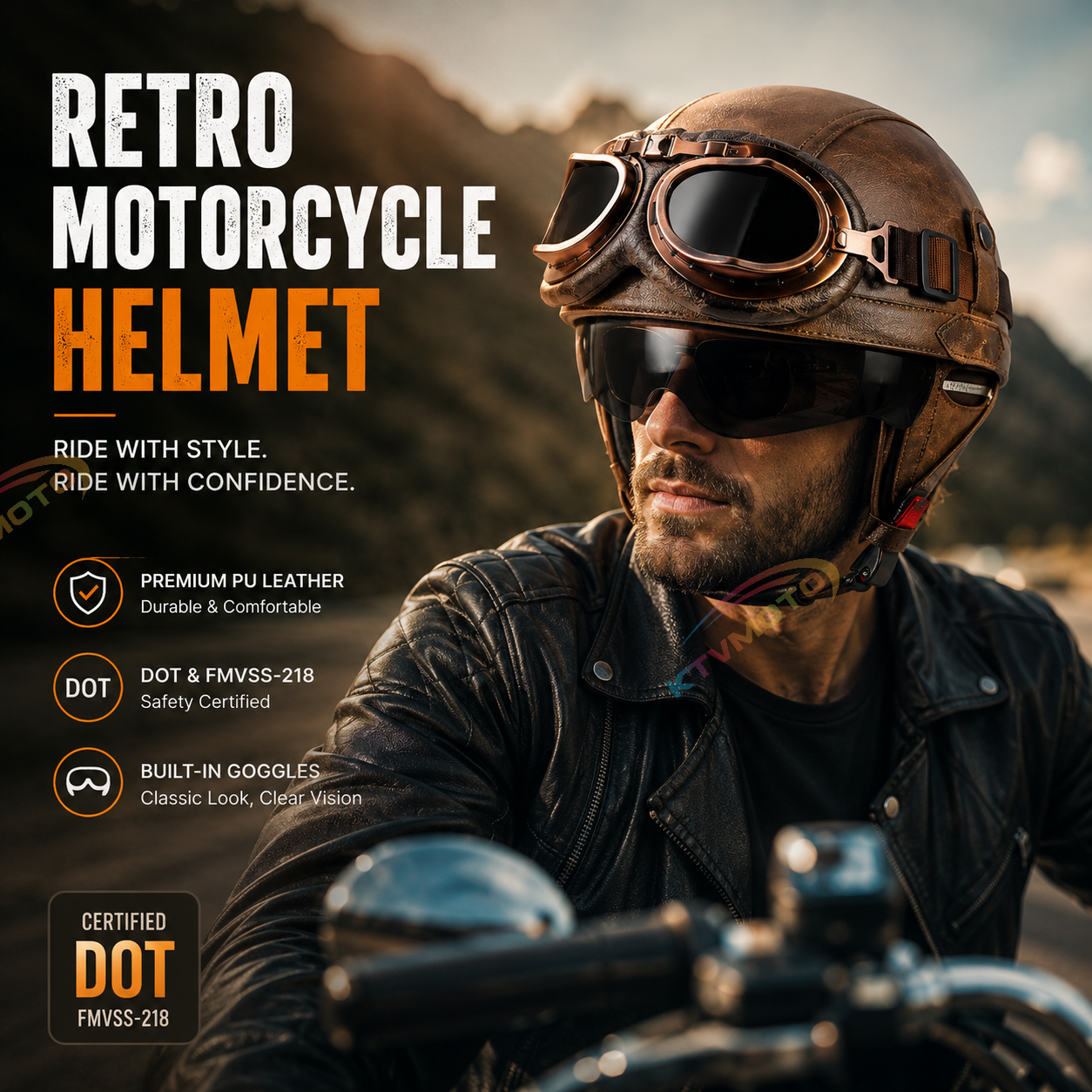 KTVMOTO Vintage Leather Motorcycle Helmet with- I06