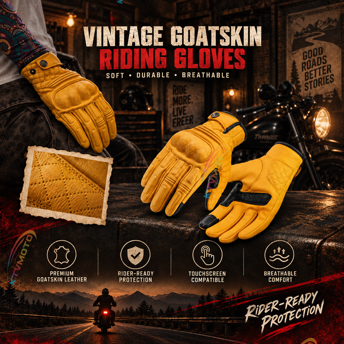 KTVMOTO Vintage Sheepskin Motorcycle Riding Gloves-G103