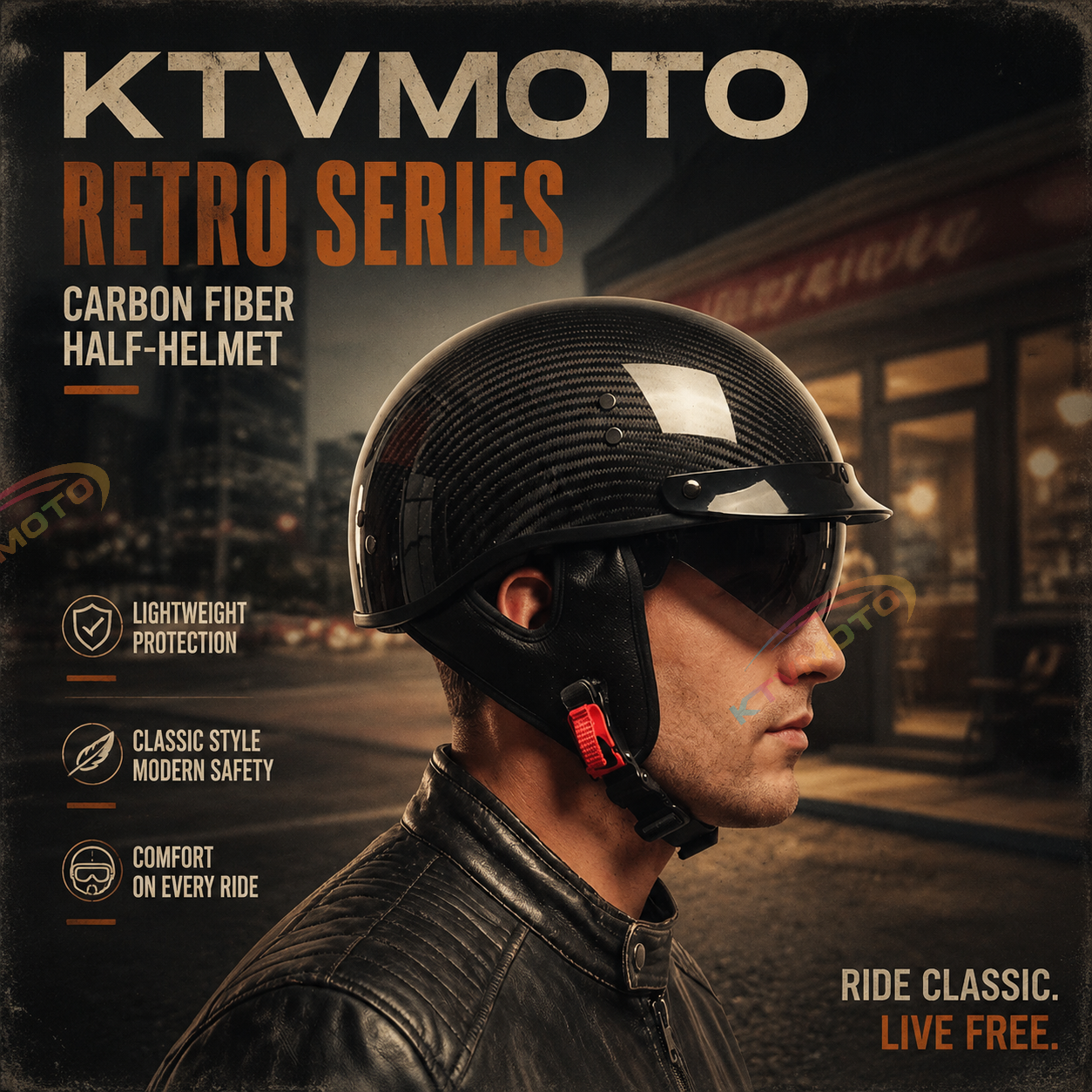 KTVMOTO Half-helmet with retro carbon fiber texture and retractable sun visor-I136