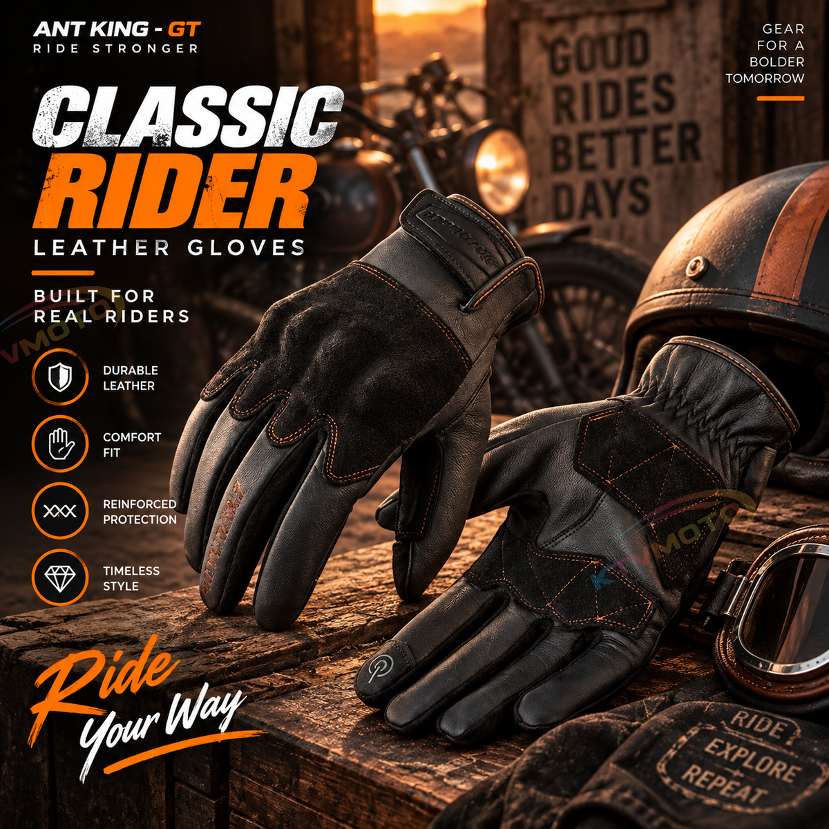 KTVMOTO Men's Genuine Leather Retro Motorcycle Gloves - G33