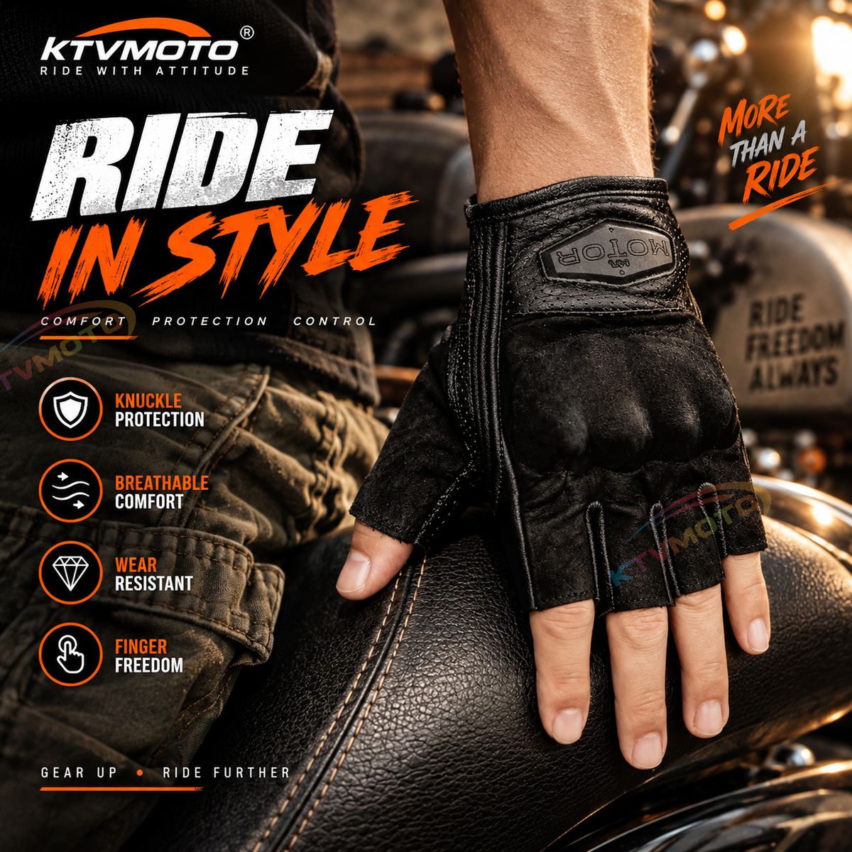 KTVMOTO Retro genuine leather half-finger motorcycle gloves-G39