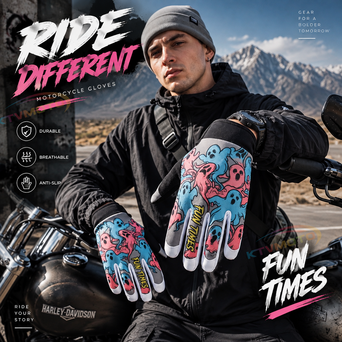KTVMOTO Ghost Graffiti Motorcycle Gloves Full Finger Touchscreen Outdoor - G100