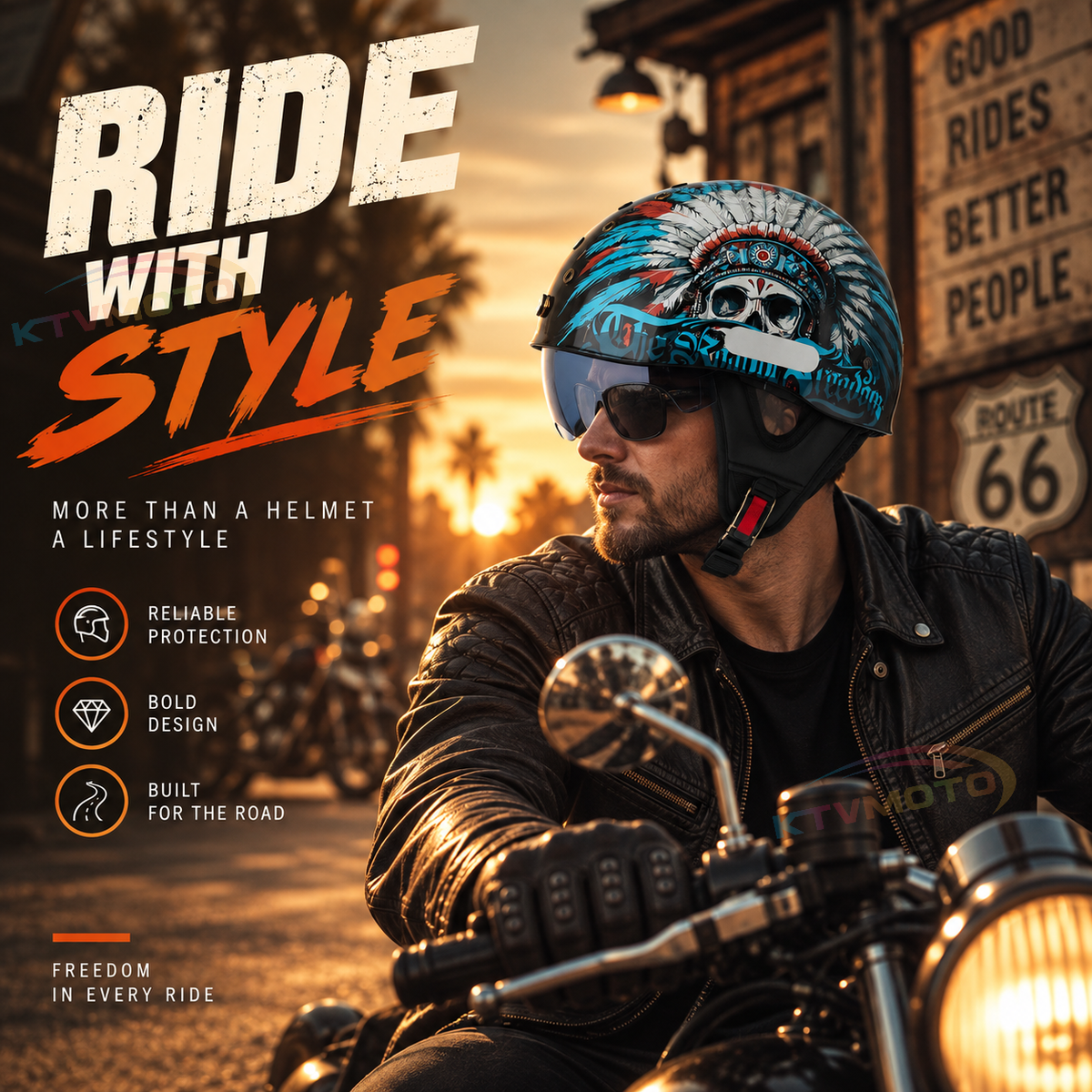 KTVMOTO Retro Skull Half Helmet with Visor for Motorcycle Riders- I28