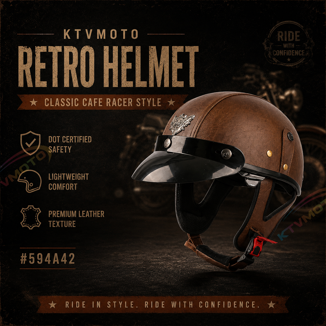 Retro cruiser motorcycle helmet with concealed inner visor-I31