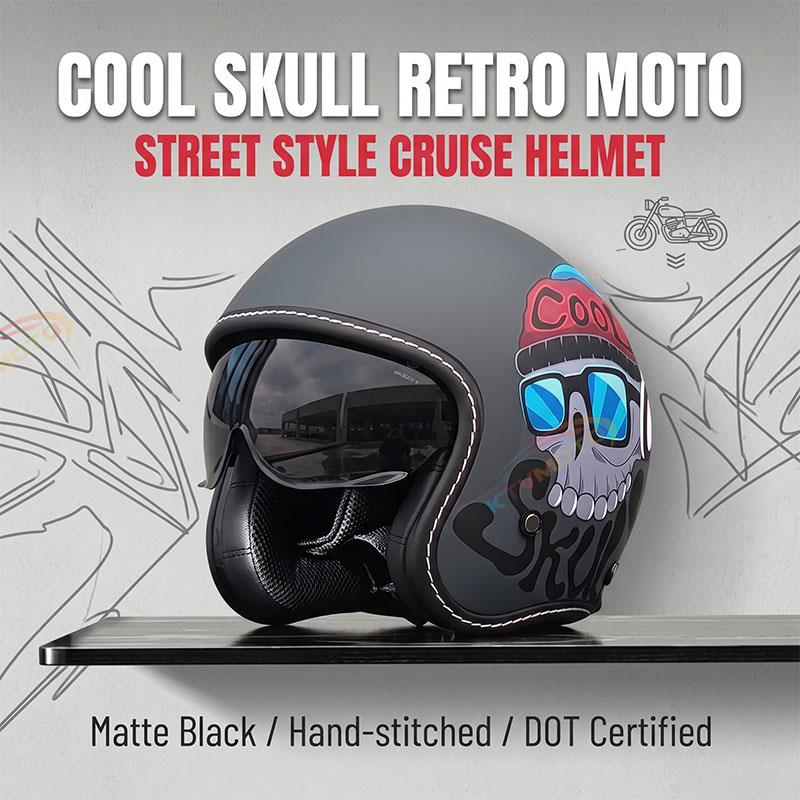 Retro-style open-face motorcycle helmet with built-in visor-I22