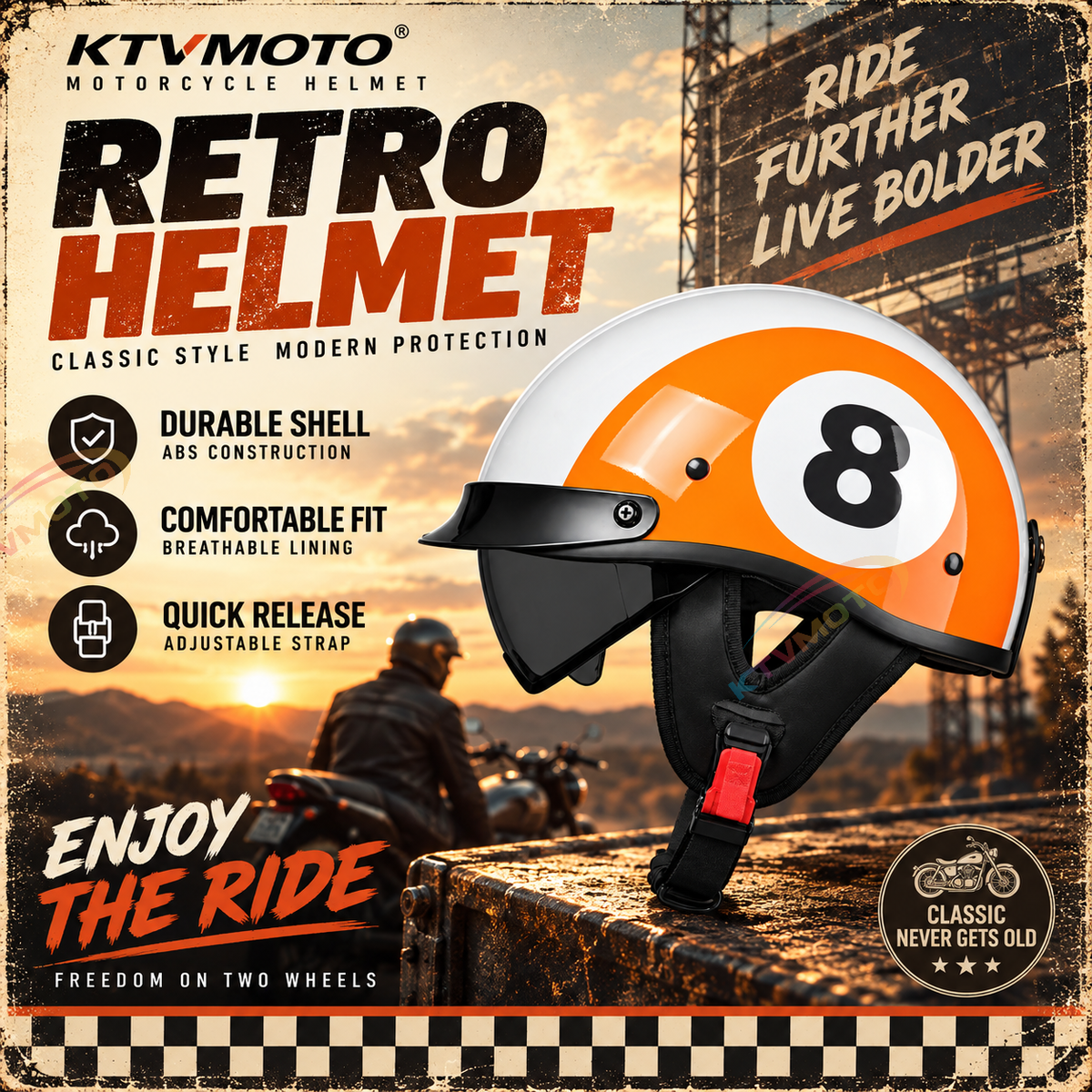 KTVMOTO Retro Motorcycle Digital Riding Half Helmet-I266