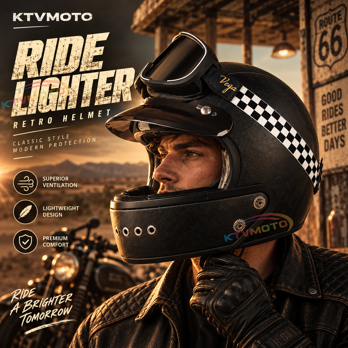 KTVMOTO Retro full-face motorcycle helmet with retro goggles – I36