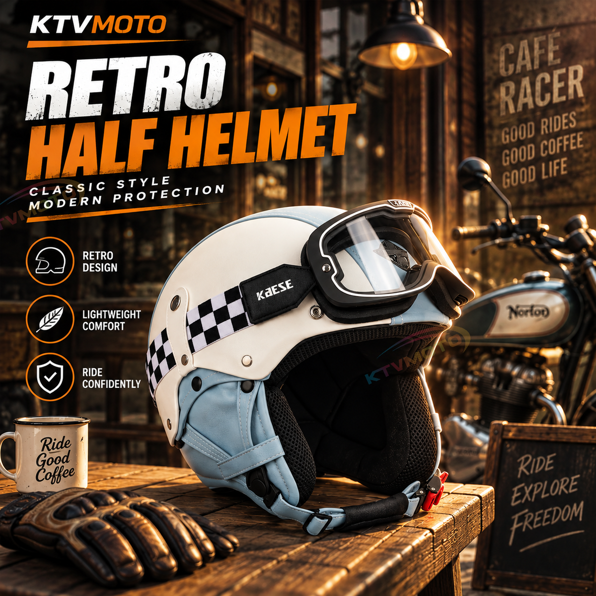 Retro open-face motorcycle helmet with goggles-I103