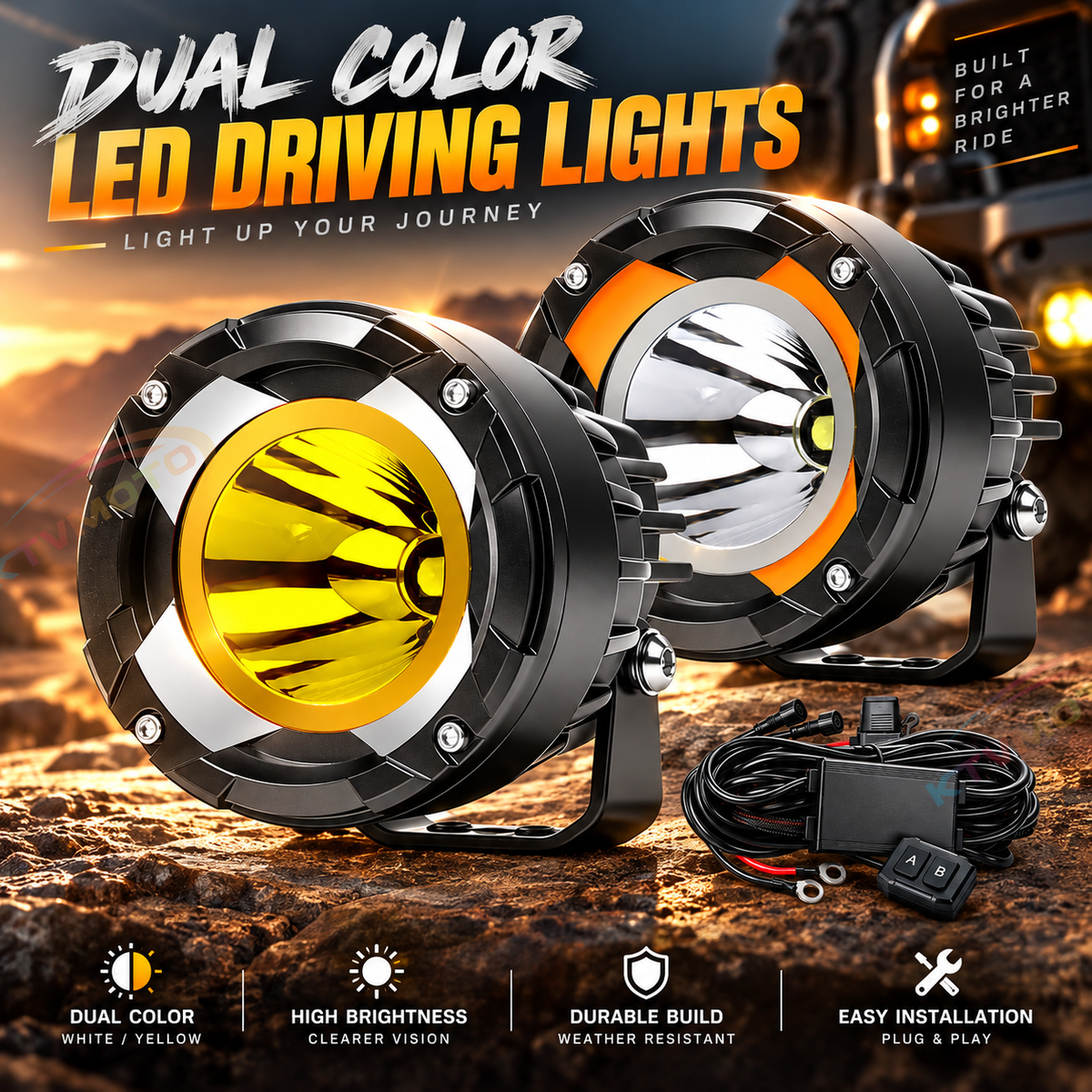 KTVMOTO Dual Color LED Motorcycle Driving Lights with Wiring Kit-D34