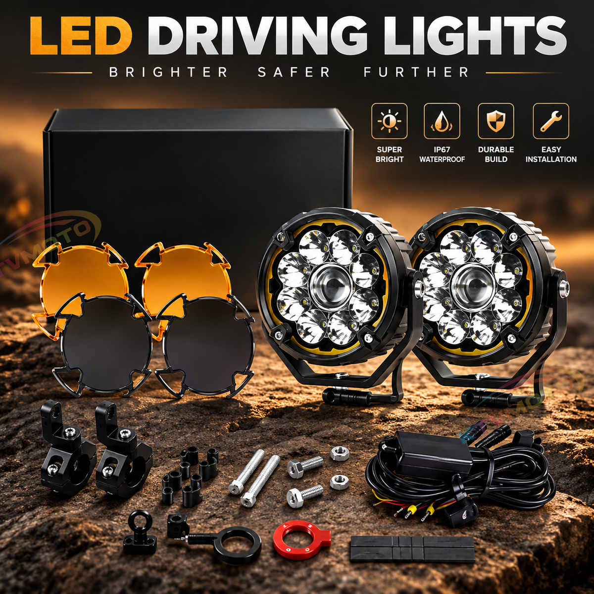 KTVMOTO Dual LED Motorcycle Driving Lights with Amber Halo-D28