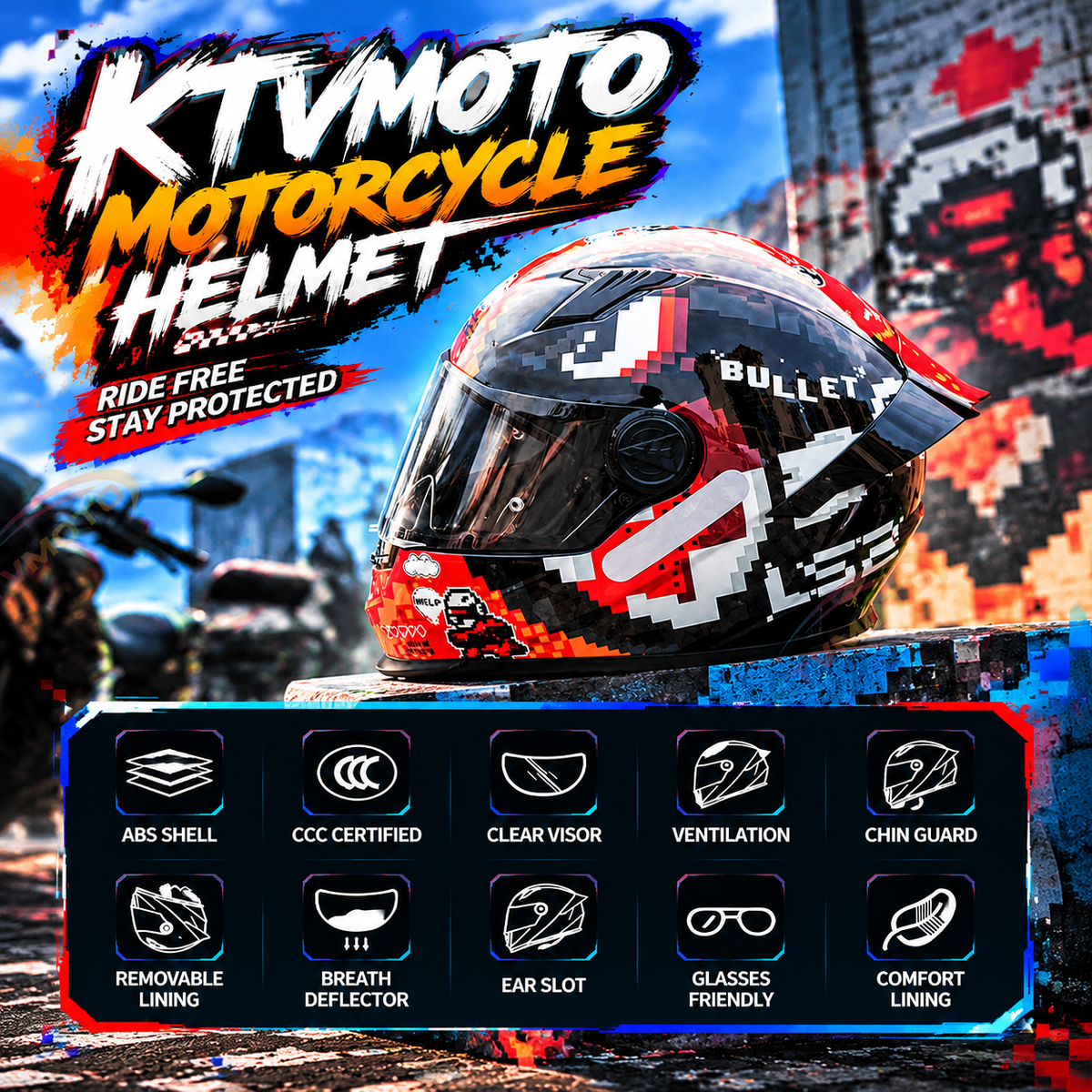 Full-face motorcycle helmet with a large rear spoiler and mosaic pattern-I312