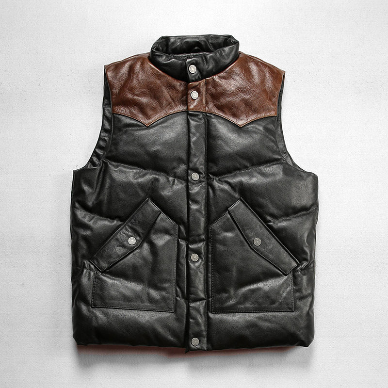Stand collar casual sports color matching white duck down thickened cowhide vest-A35