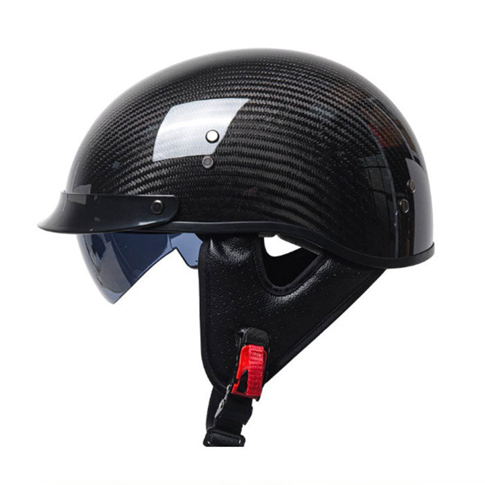 Half-helmet with retro carbon fiber texture and retractable sun visor-I136