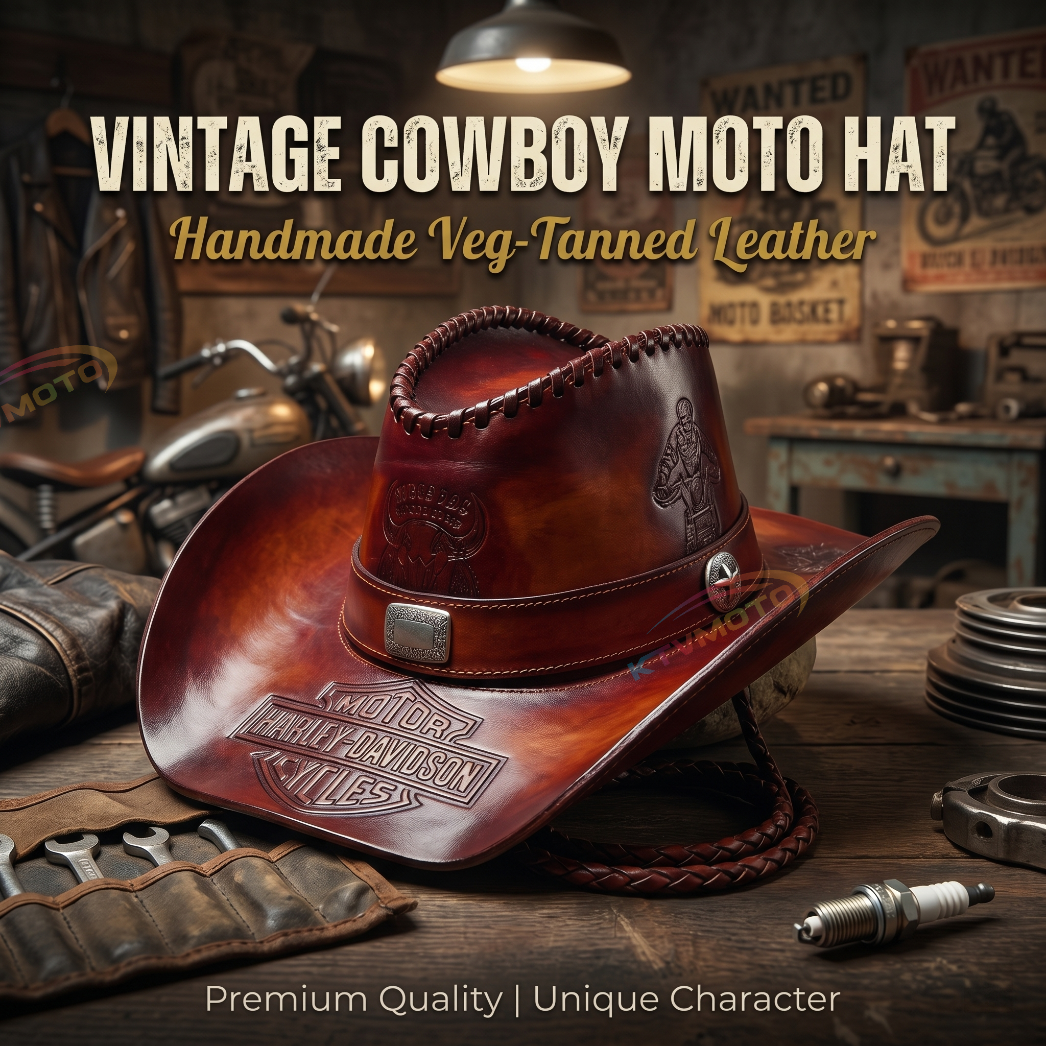 Retro genuine leather motorcycle cowboy riding cap-I115