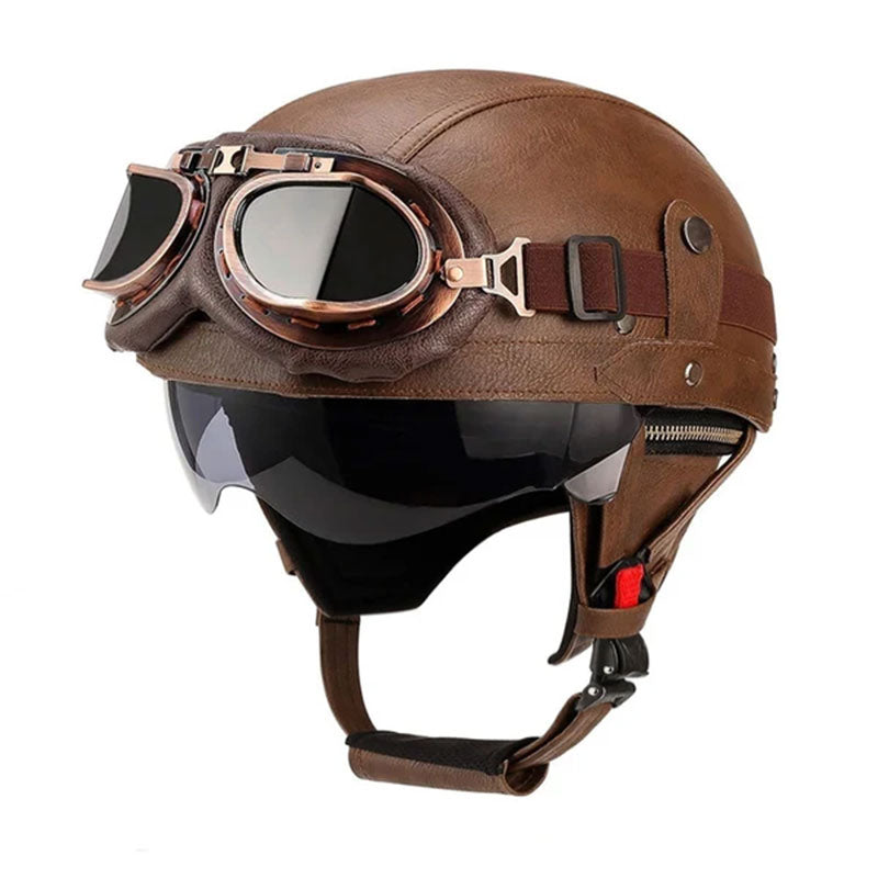KTVMOTO Vintage Leather Motorcycle Helmet with- I06