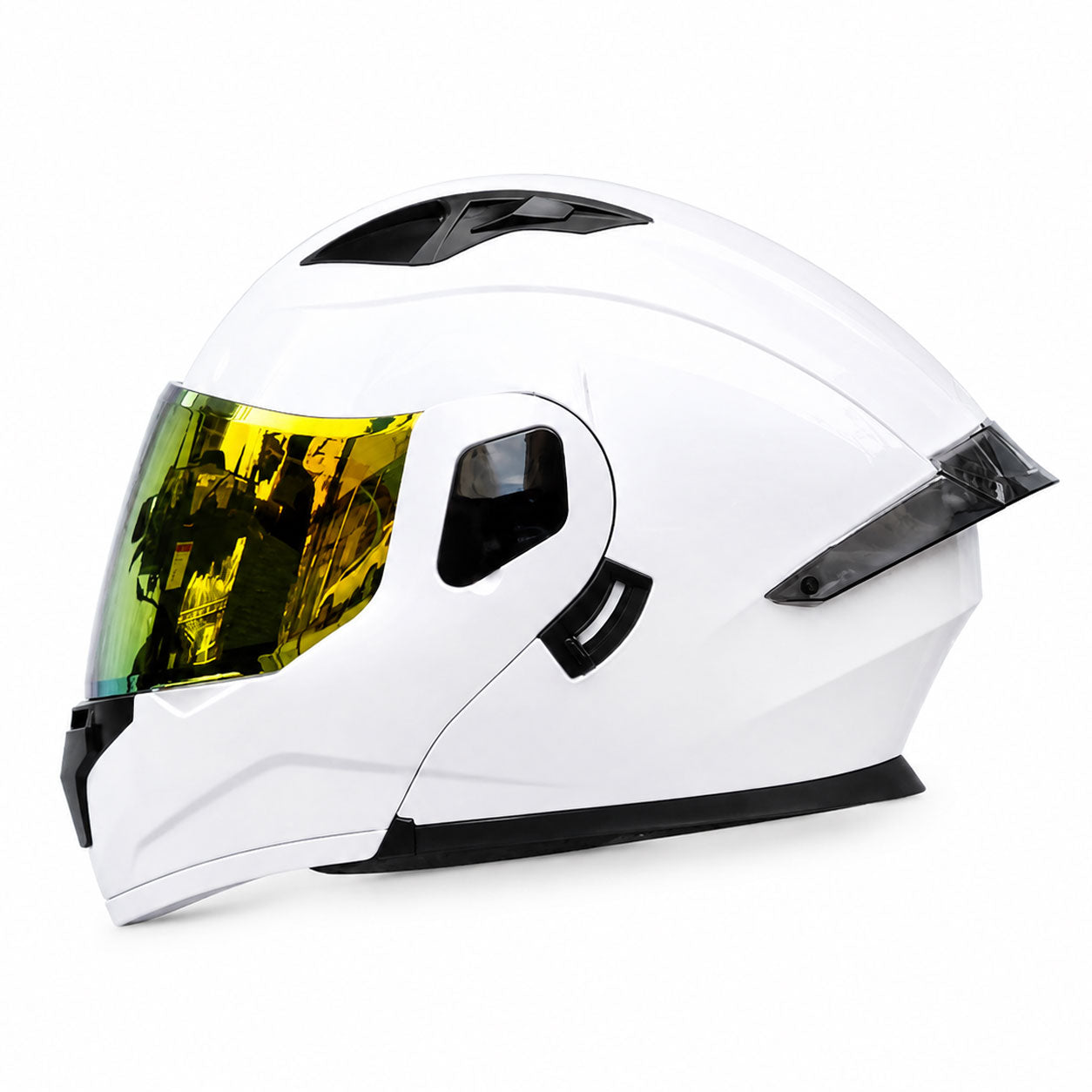 Flip-up motorcycle helmet with aurora-style finish and dual visor-I186