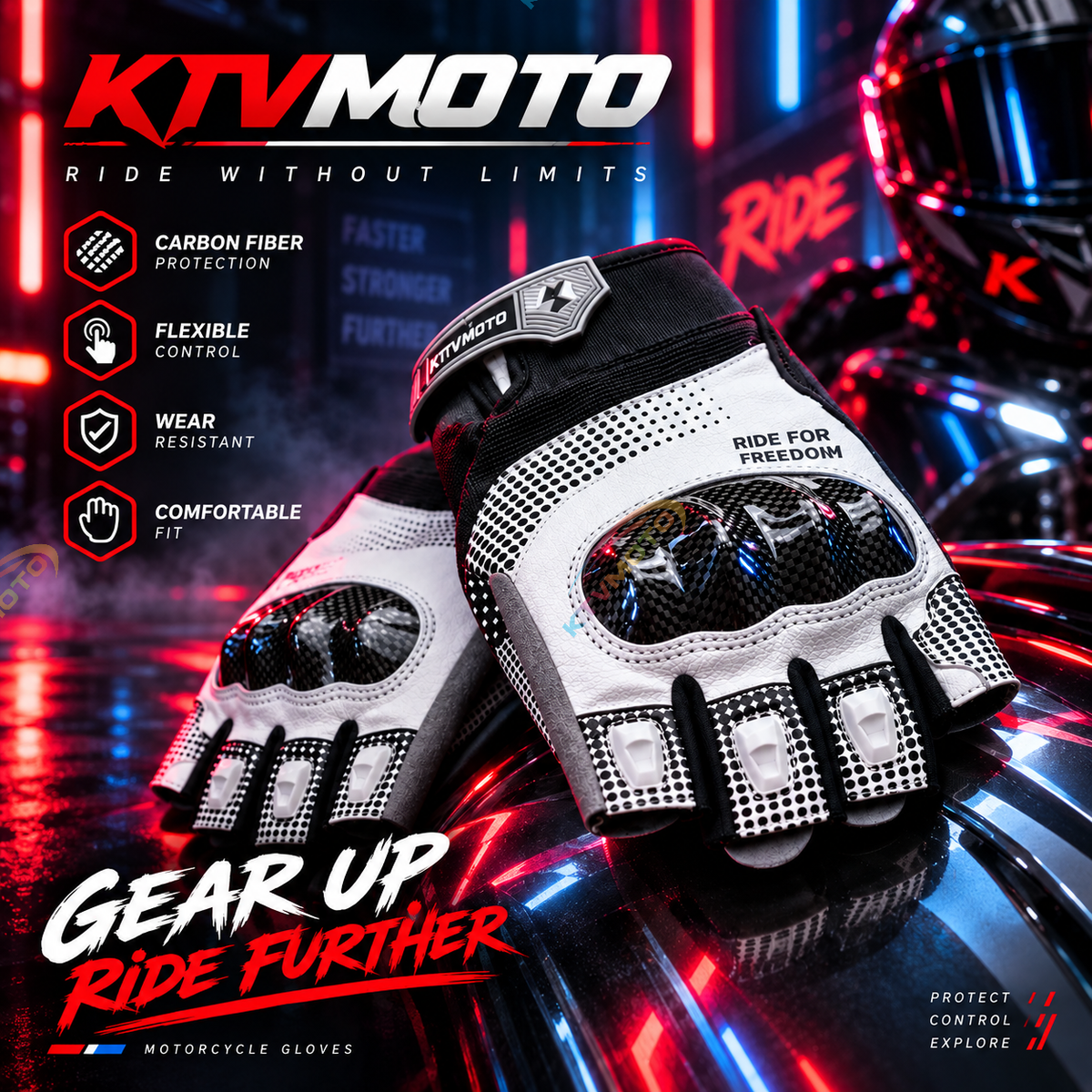KTVMOTO Carbon Fiber Fingerless Motorcycle Gloves, Anti-Slip-G107