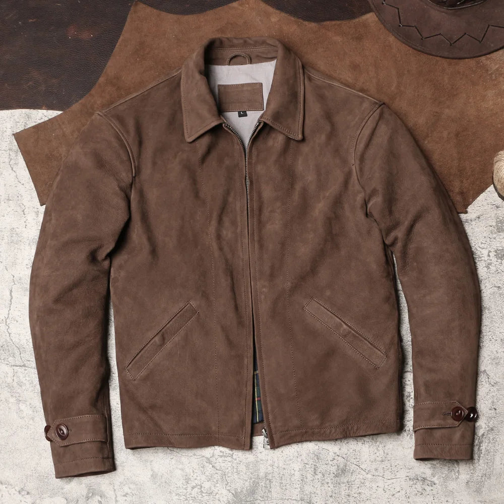 Depp vintage distressed lapel brushed hard leather jacket-A42