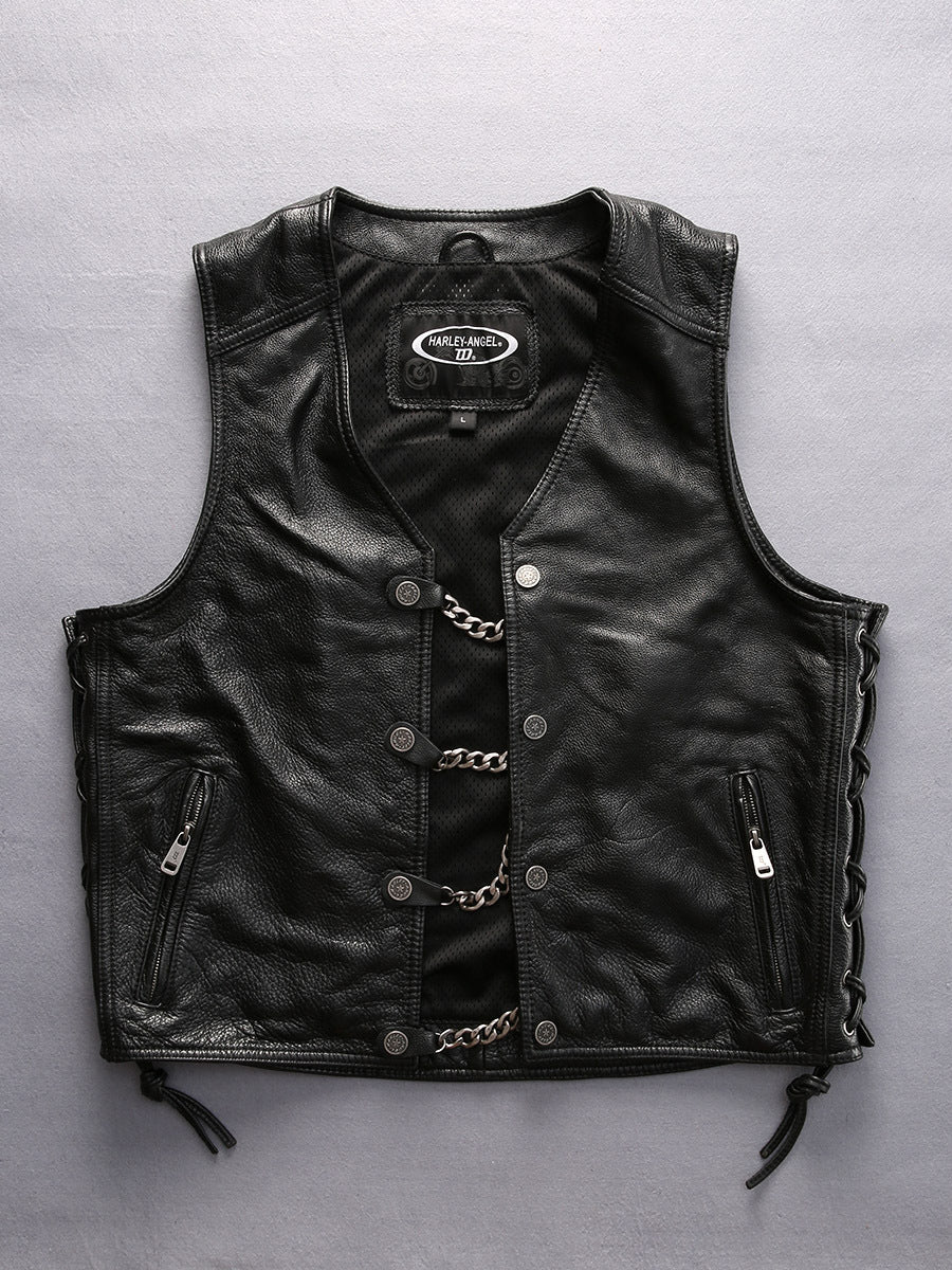 Harley vest steel chain genuine leather vest-A34