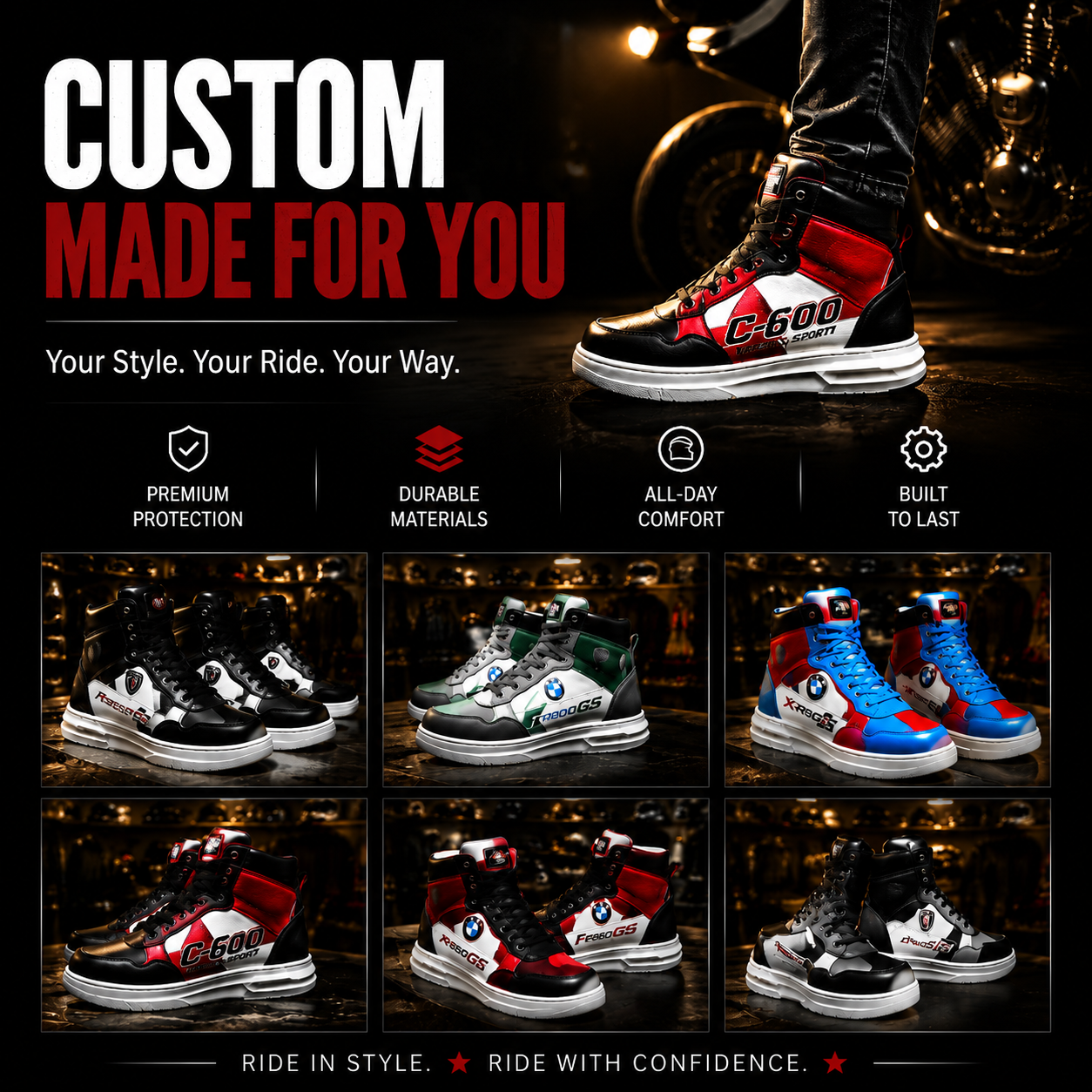 Custom DIY Leather (Cowhide) Motorcycle Riding Boots-K169