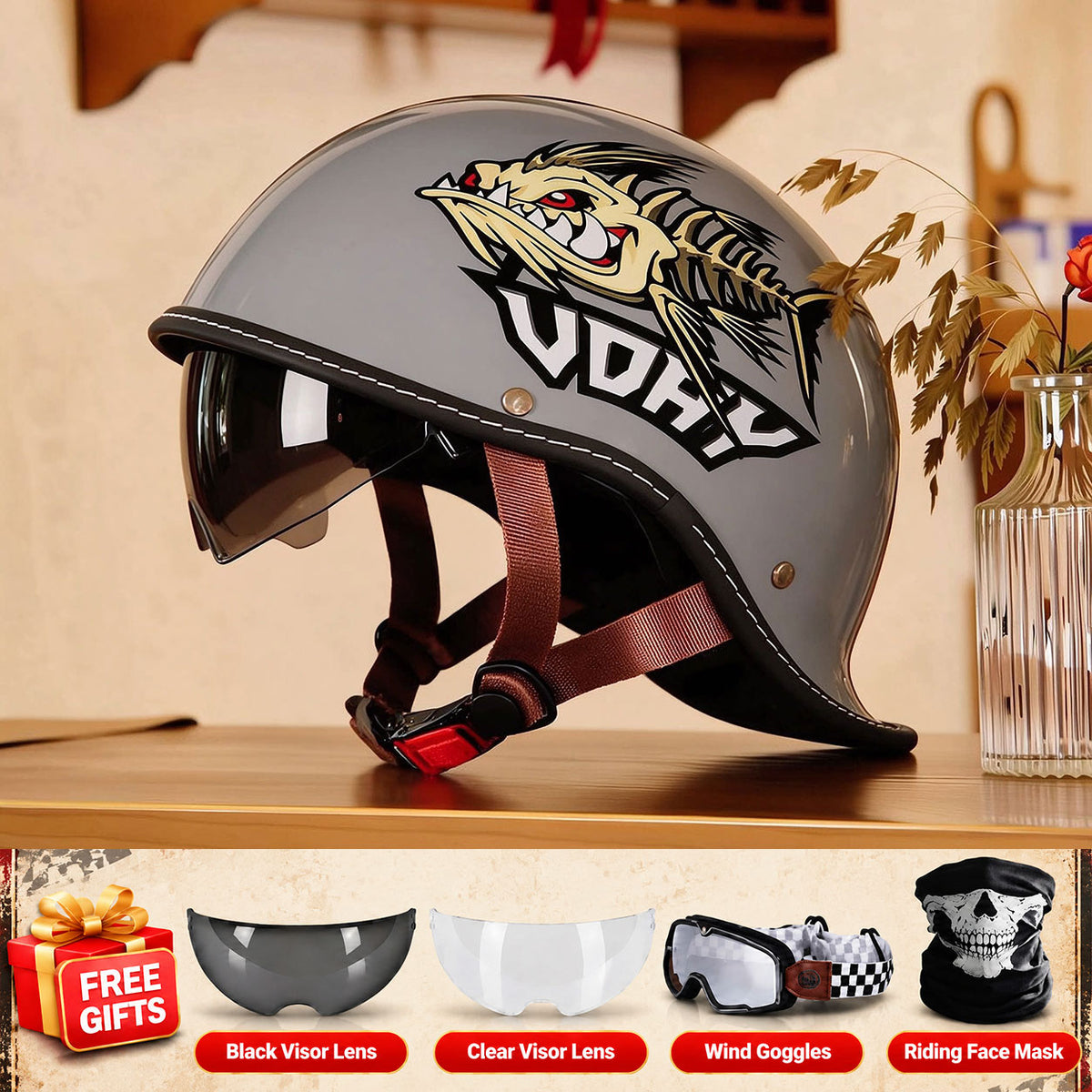 Retro-style motorcycle half-helmet with a ducktail design-I298