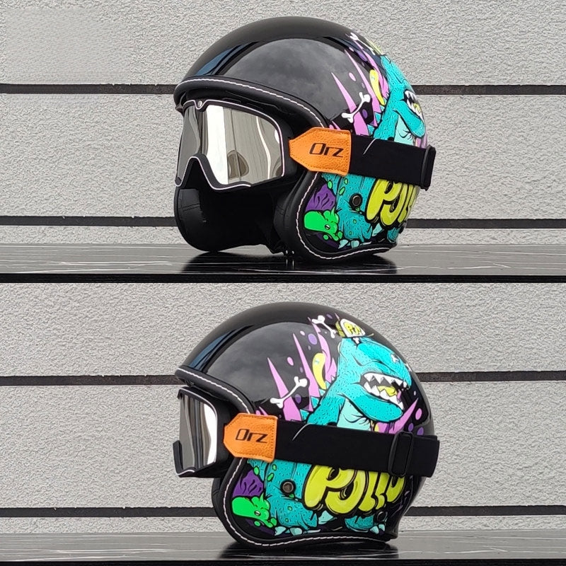 Retro-style open-face motorcycle helmet with built-in visor-I22