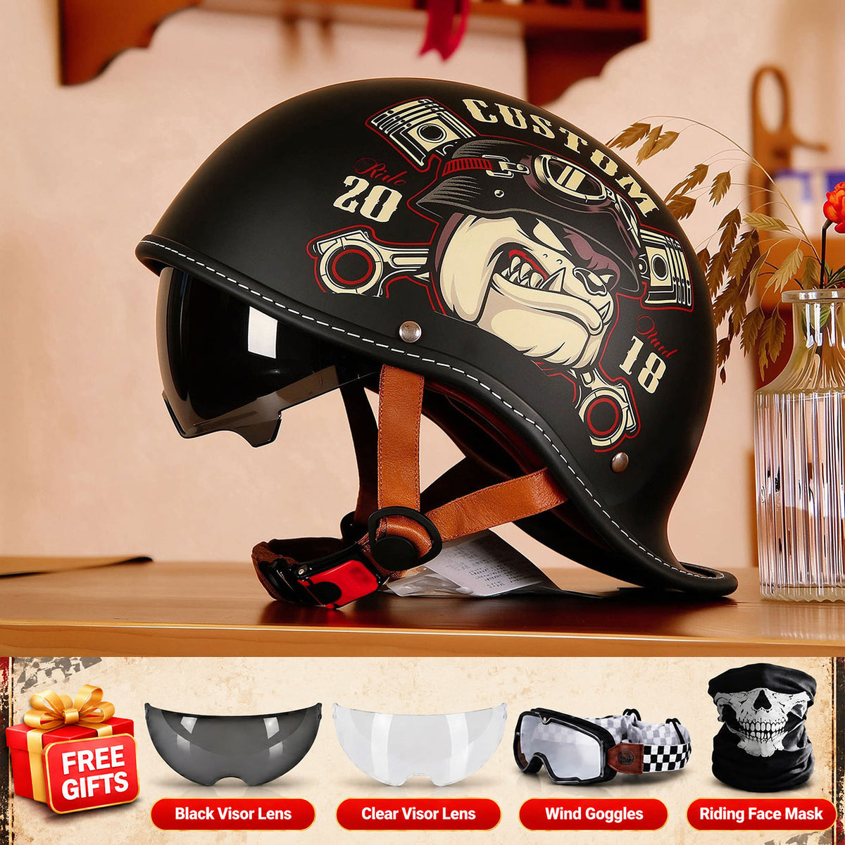 Retro-style motorcycle half-helmet with a ducktail design-I298