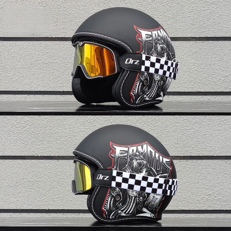 Retro-style open-face motorcycle helmet with built-in visor-I22