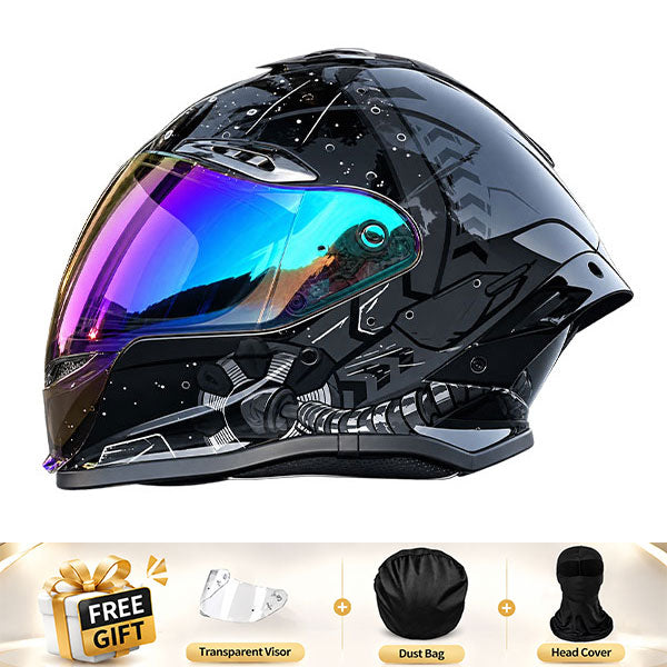 Cool full-face motorcycle helmet, featuring a rear spoiler and an extended visor-I308