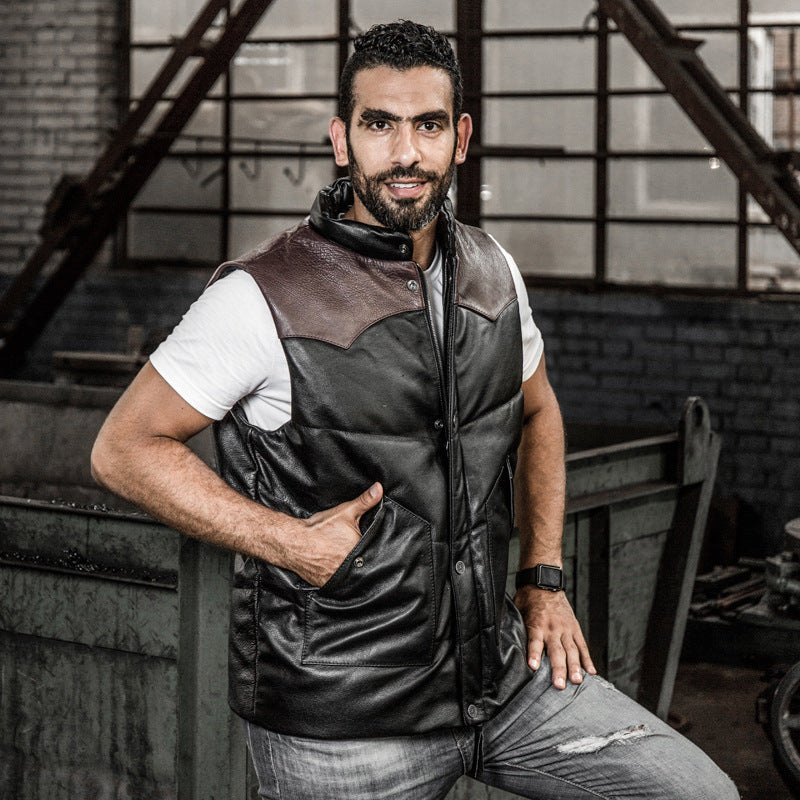 Stand collar casual sports color matching white duck down thickened cowhide vest-A35