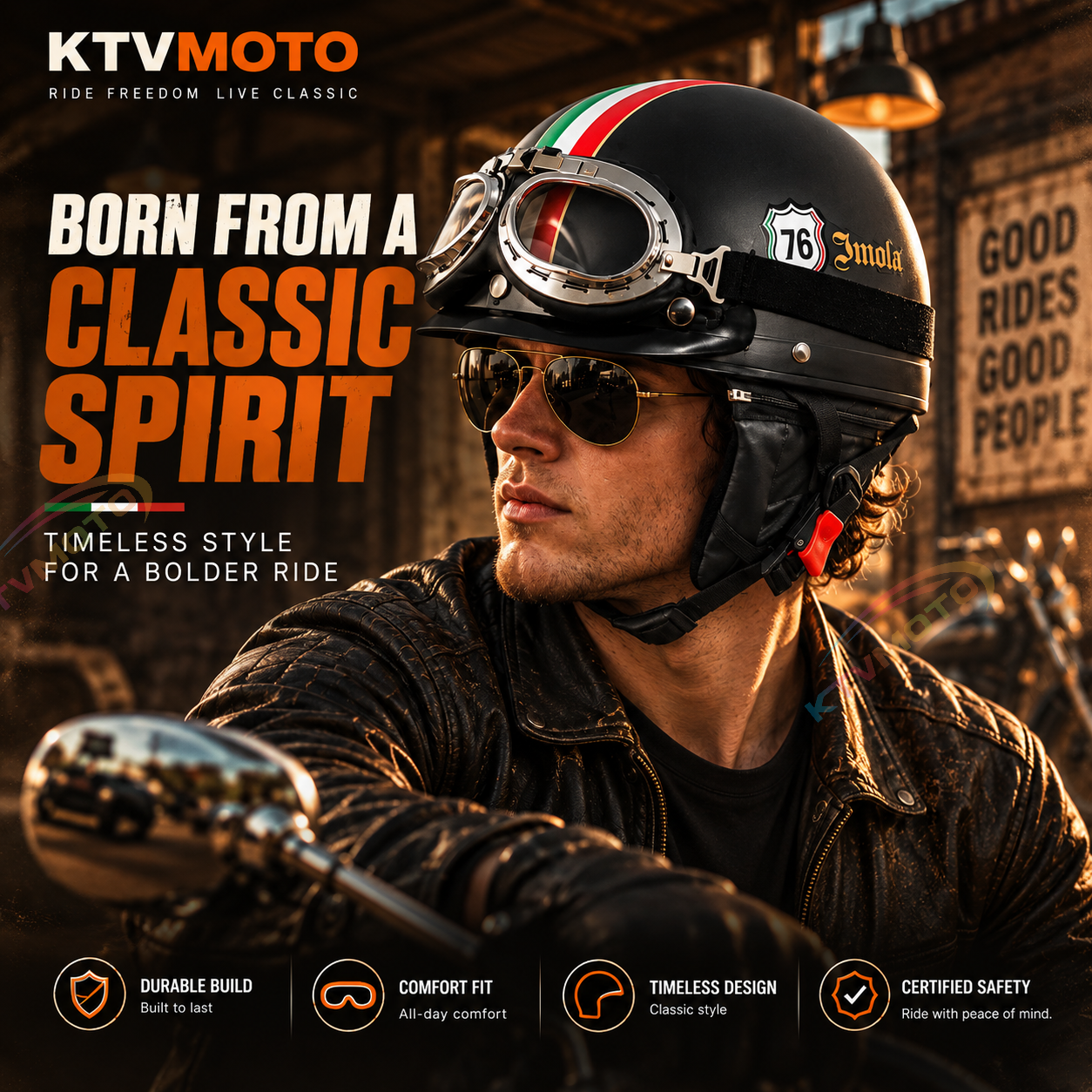 KTVMOTO Retro Motorcycle Half Helmet with Vintage Goggles & Visor-I267