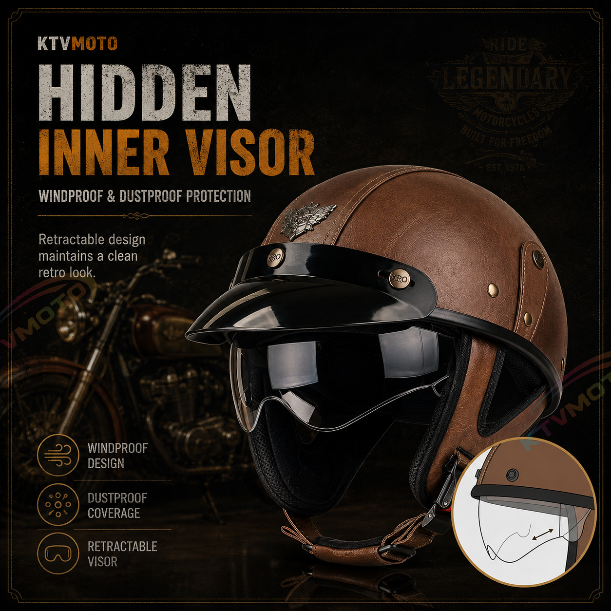 Retro cruiser motorcycle helmet with concealed inner visor-I31
