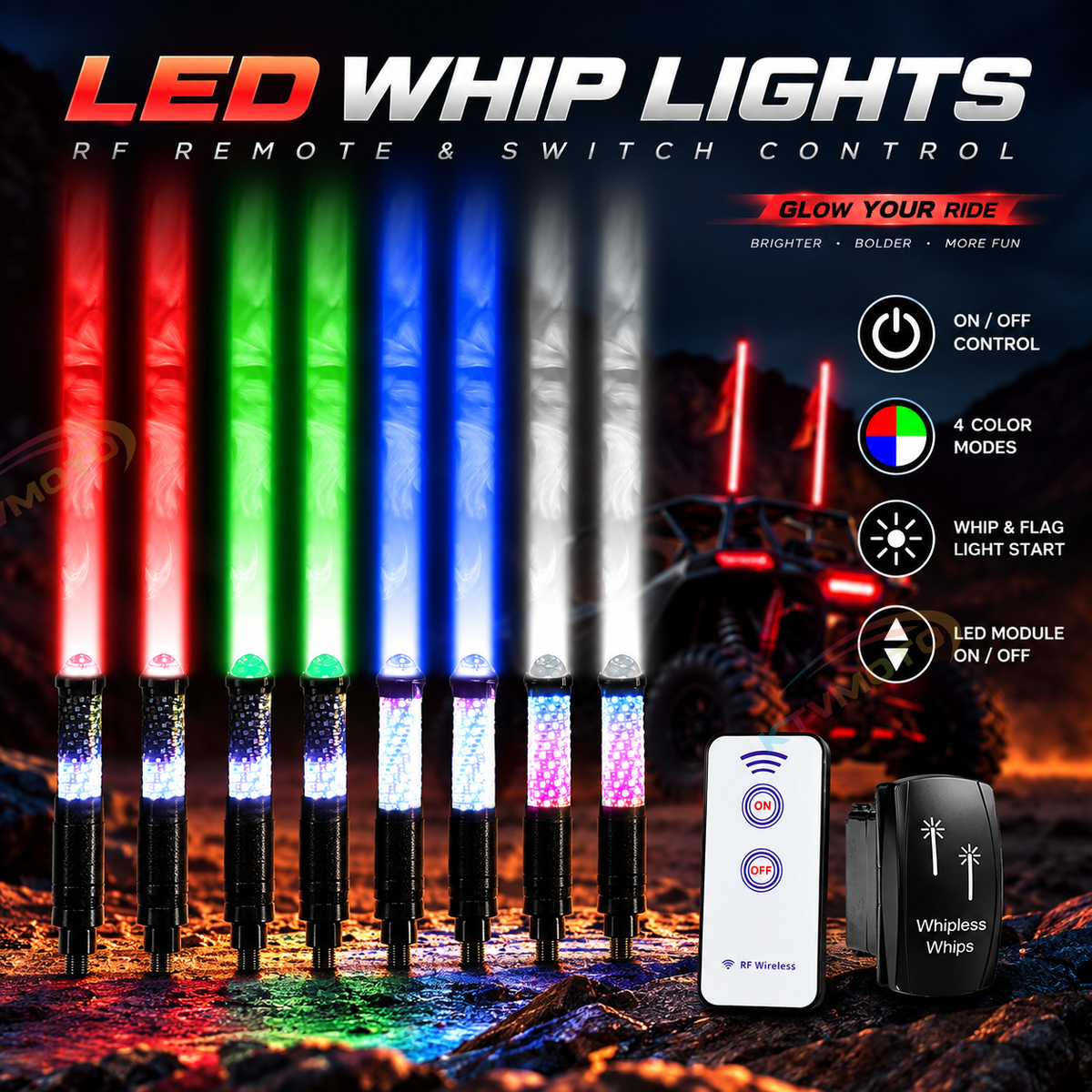 KTVMOTO 2-Pack LED Whip Lights with App & Wireless Remote-D26