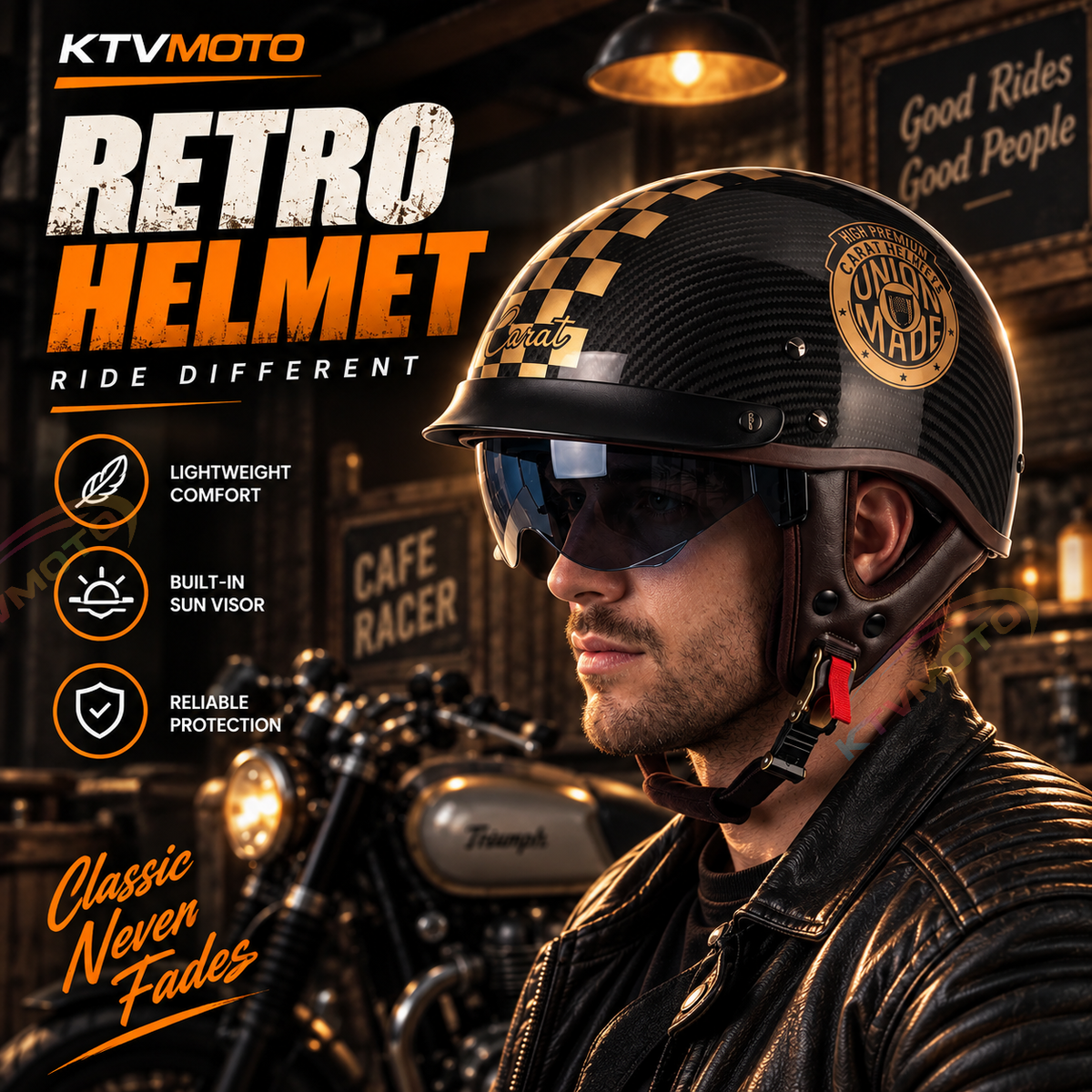 Lightweight Retro Carbon Fiber Motorcycle Half-Helmet-I138