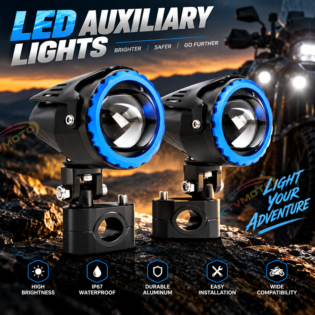 KTVMOTO Motorcycle LED Projector Fog Lights with Handlebar Mount-D31