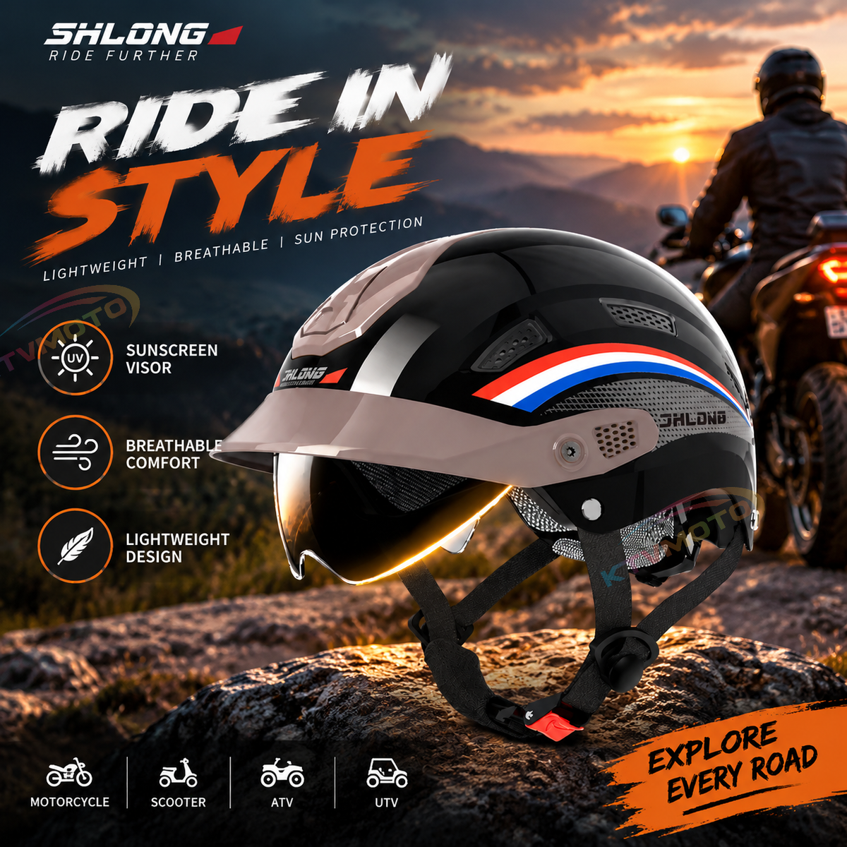 KTVMOTO Lightweight Motorcycle Half Helmet with Visor & Retro Design-I273