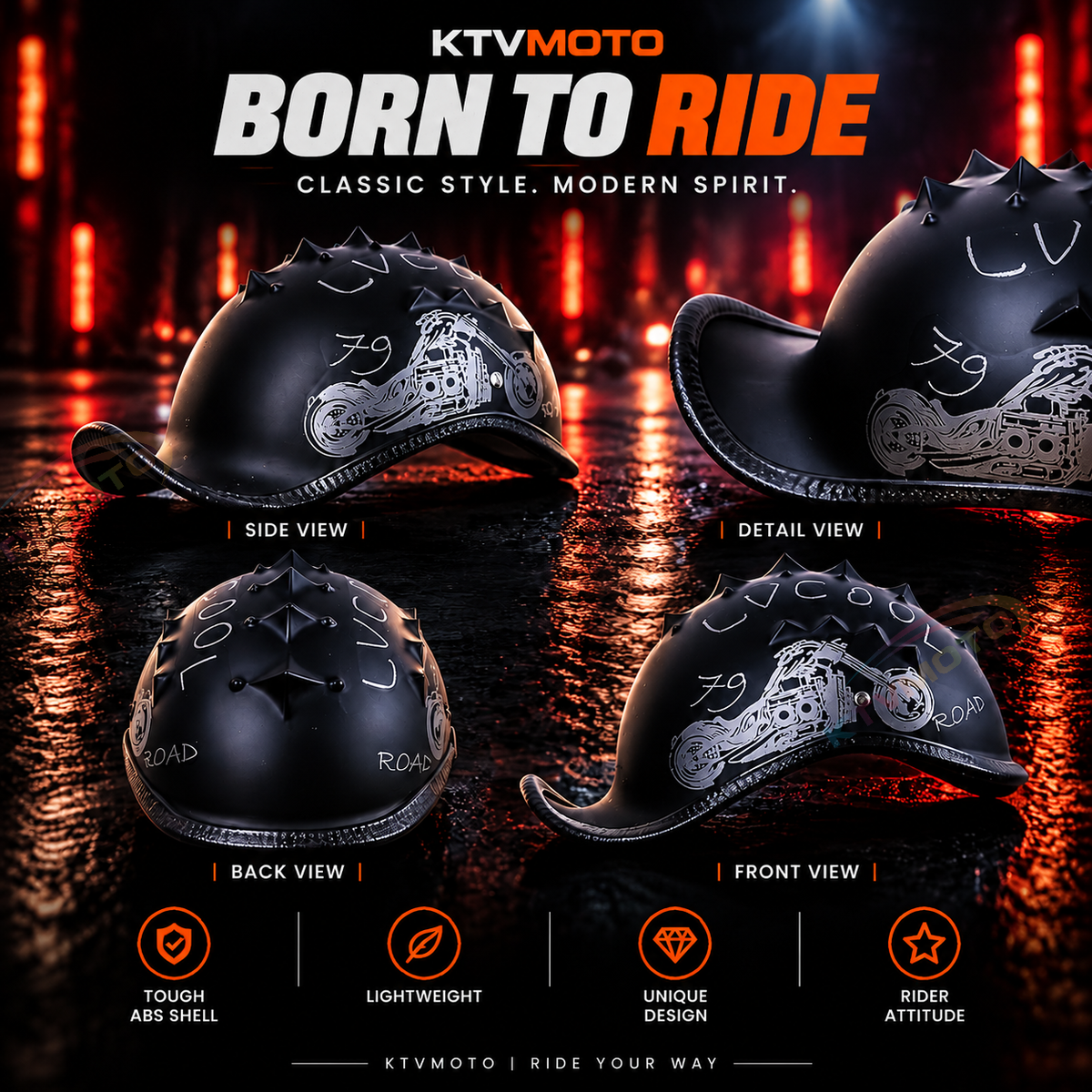 KTVMOTO Vintage Motorcycle Half Helmet with Mohawk Design for Riders-I276