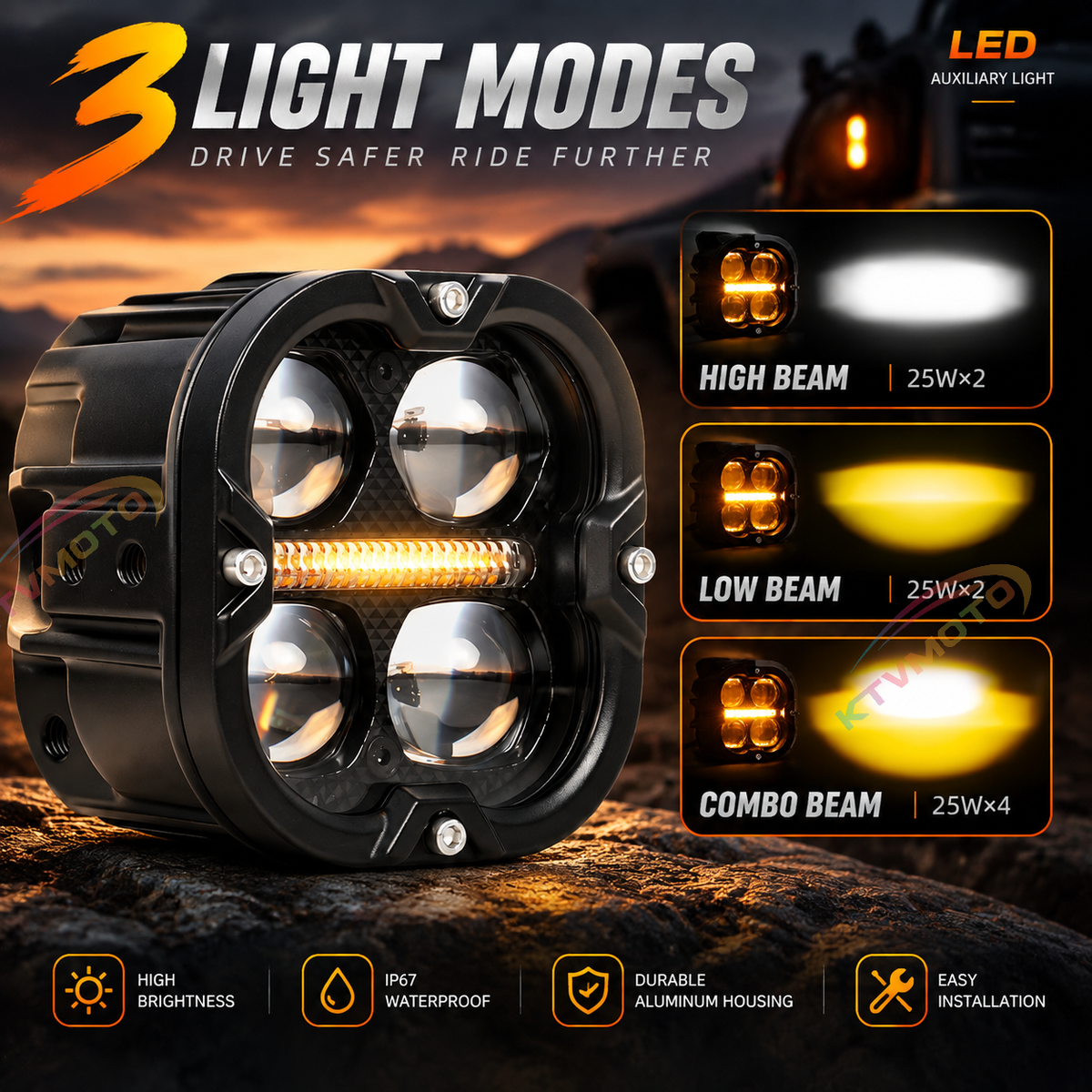 KTVMOTO LED Pods Motorcycle Headlight with Amber Beam & Wiring Kit-D35
