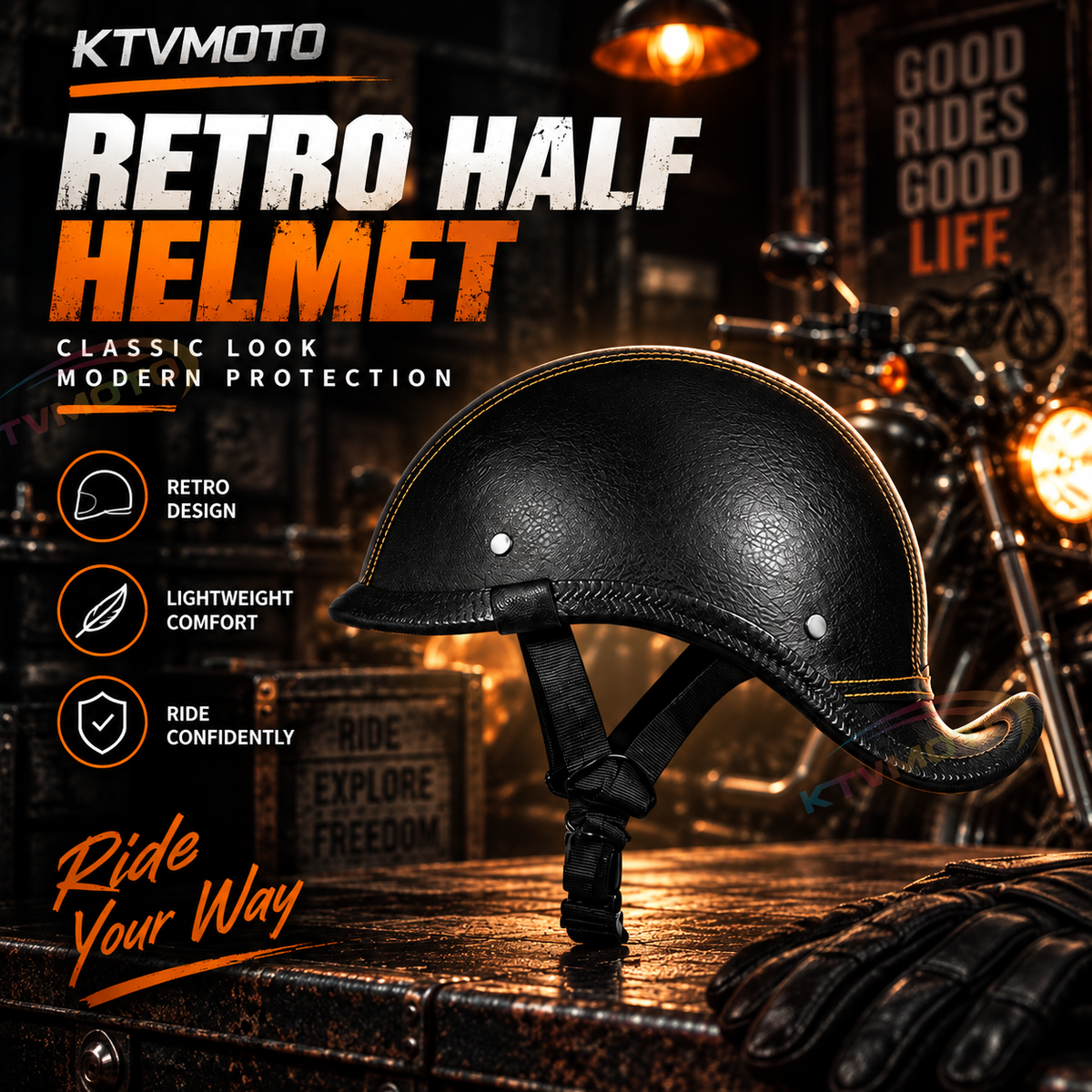 Retro leather baseball cap style cruiser helmet-I49