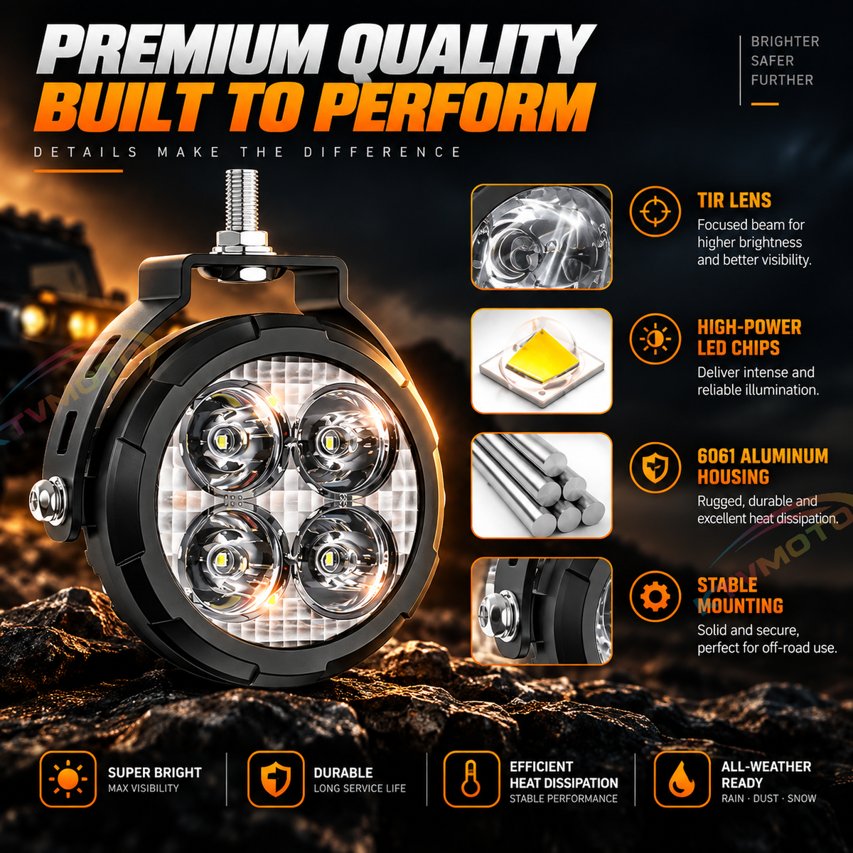 KTVMOTO Round LED Driving Lights with Amber Covers & Wiring Kit-D32
