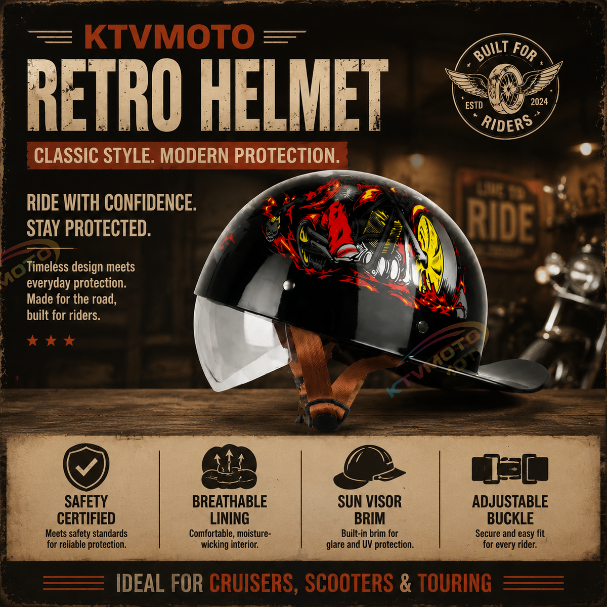 Retro cruiser motorcycle half helmet- I07
