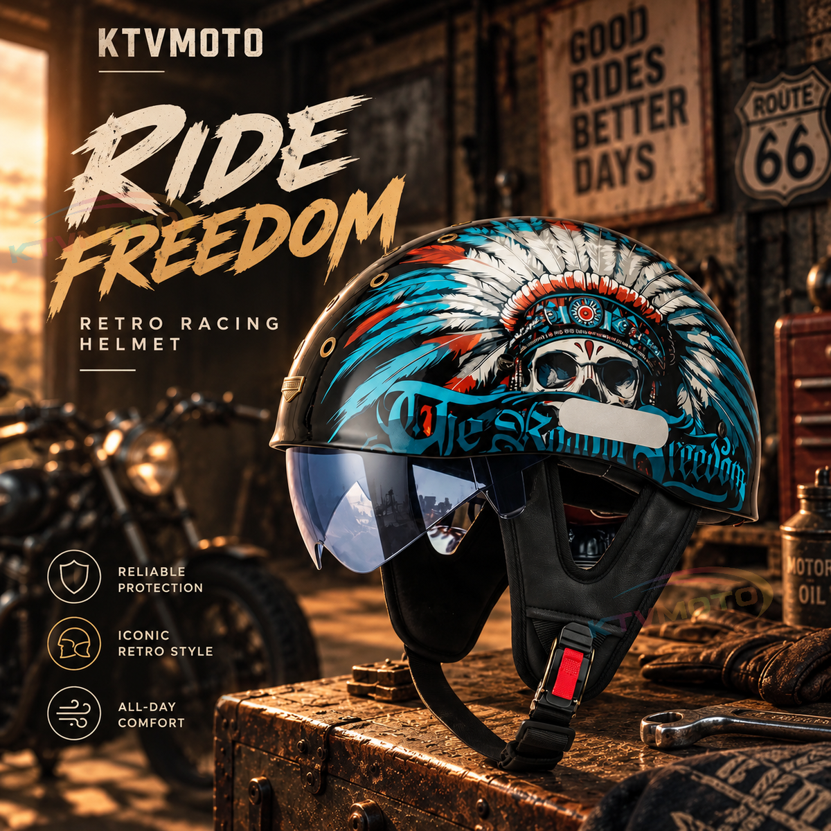 KTVMOTO Retro Skull Half Helmet with Visor for Motorcycle Riders- I28