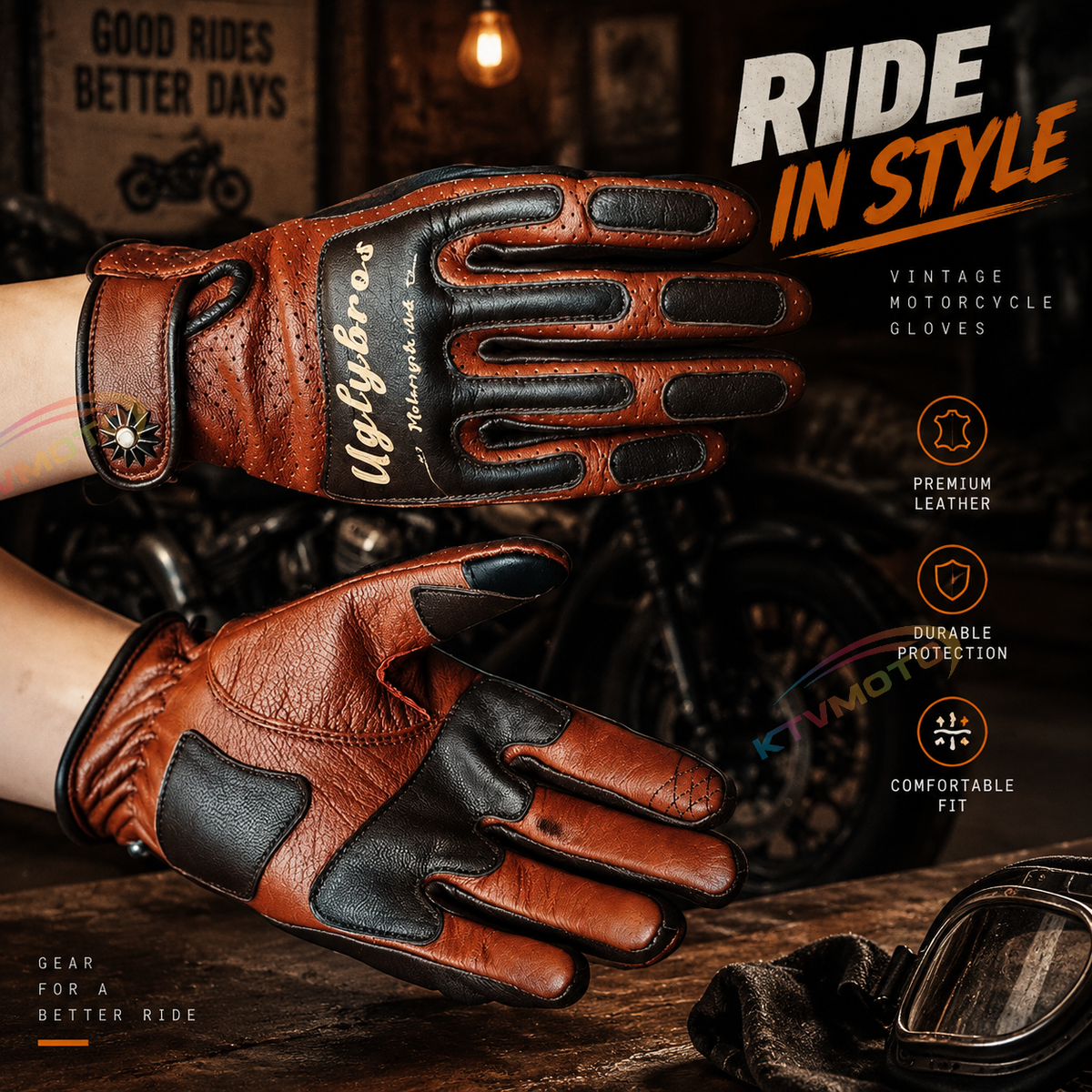 KTVMOTO Vintage genuine leather motorcycle gloves-G35