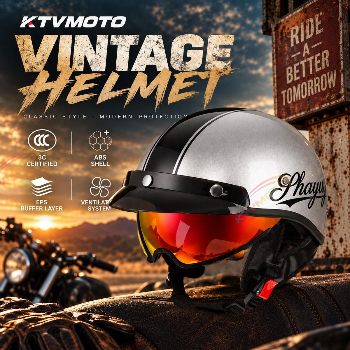 KTVMOTO Retro motorcycle half-helmet summer scooter cruise-I264